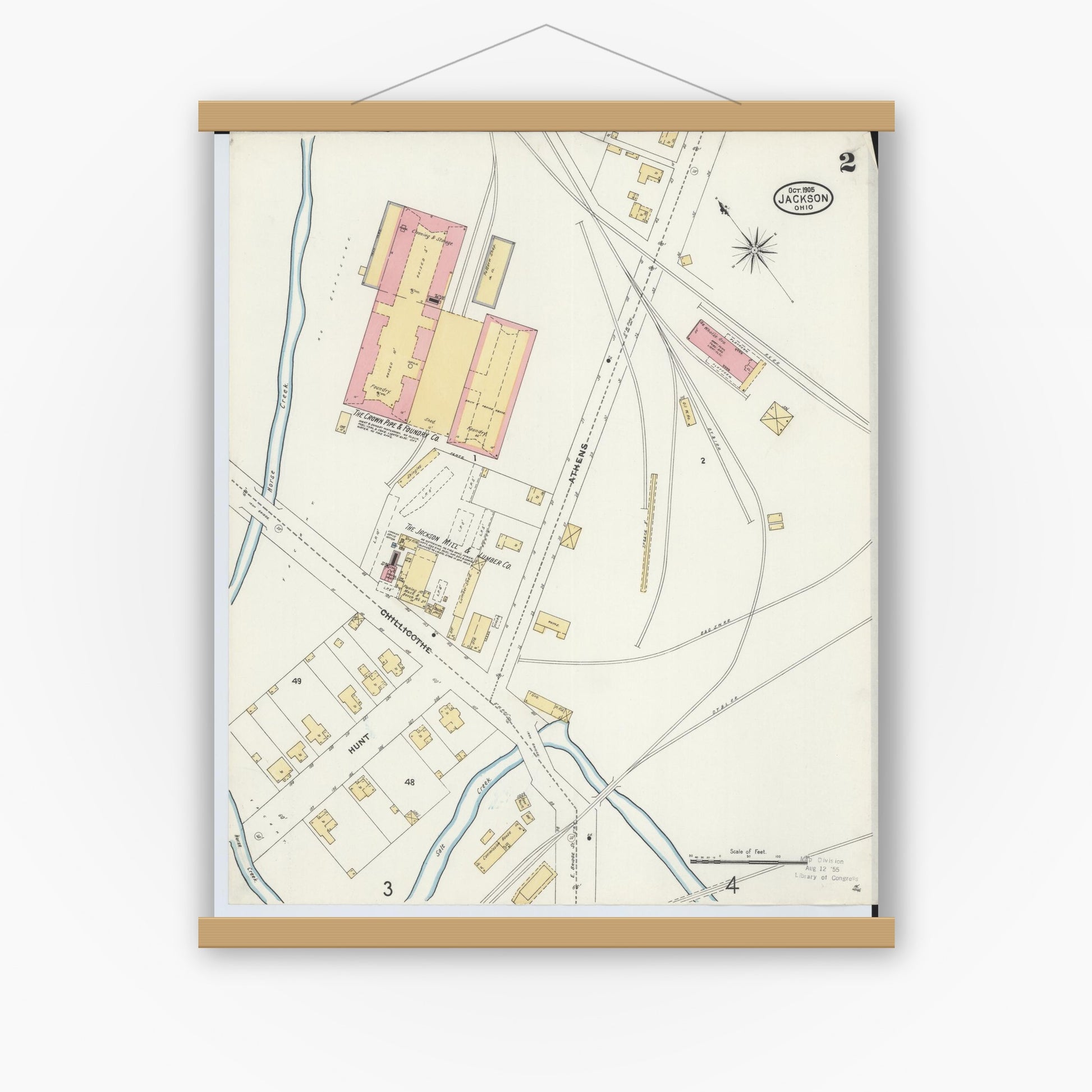 Old map wall art mockup — magnetic wood frame on white wall — Sanborn Fire Insurance Map from Jackson, Jackson County, Ohio (1905), Sheet #0002