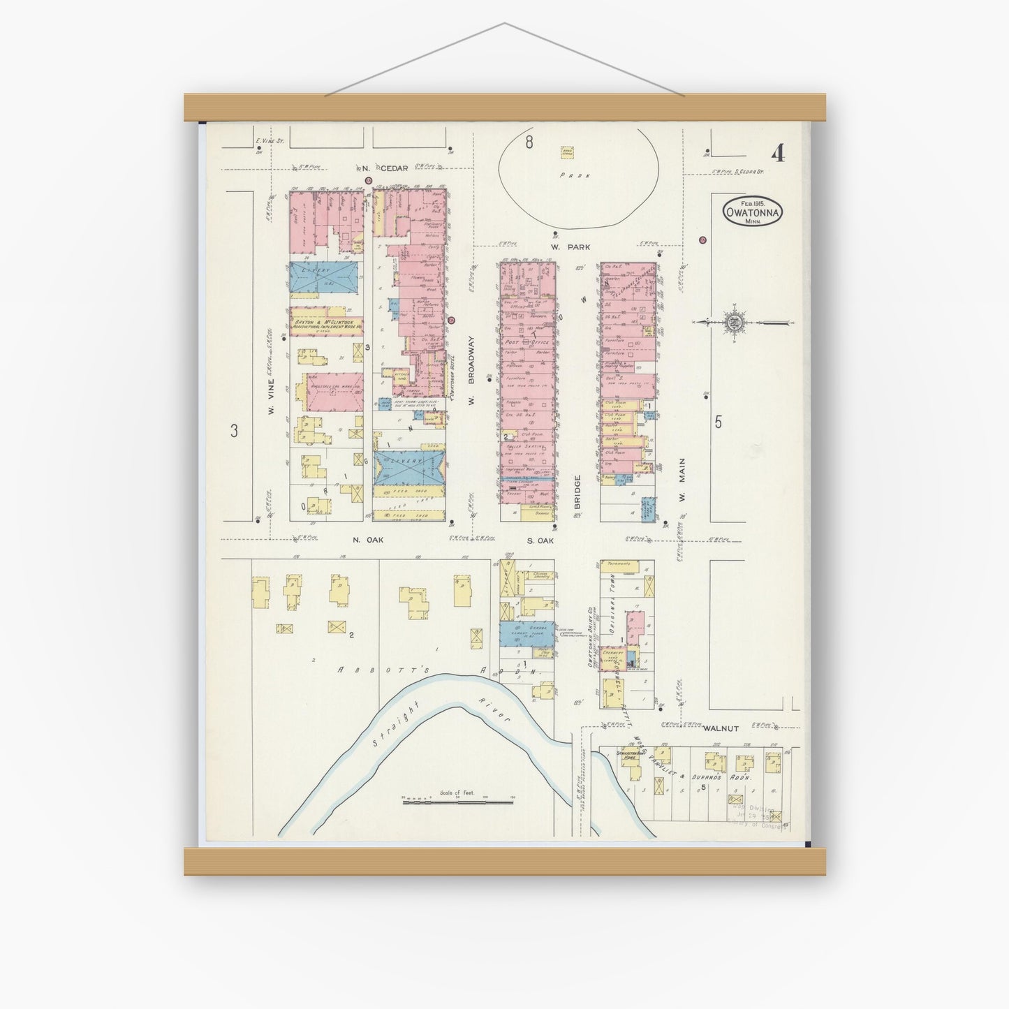 Old map wall art mockup — magnetic wood frame on white wall — Sanborn Fire Insurance Map from Owatonna, Steele County, Minnesota (1915), Sheet #0004