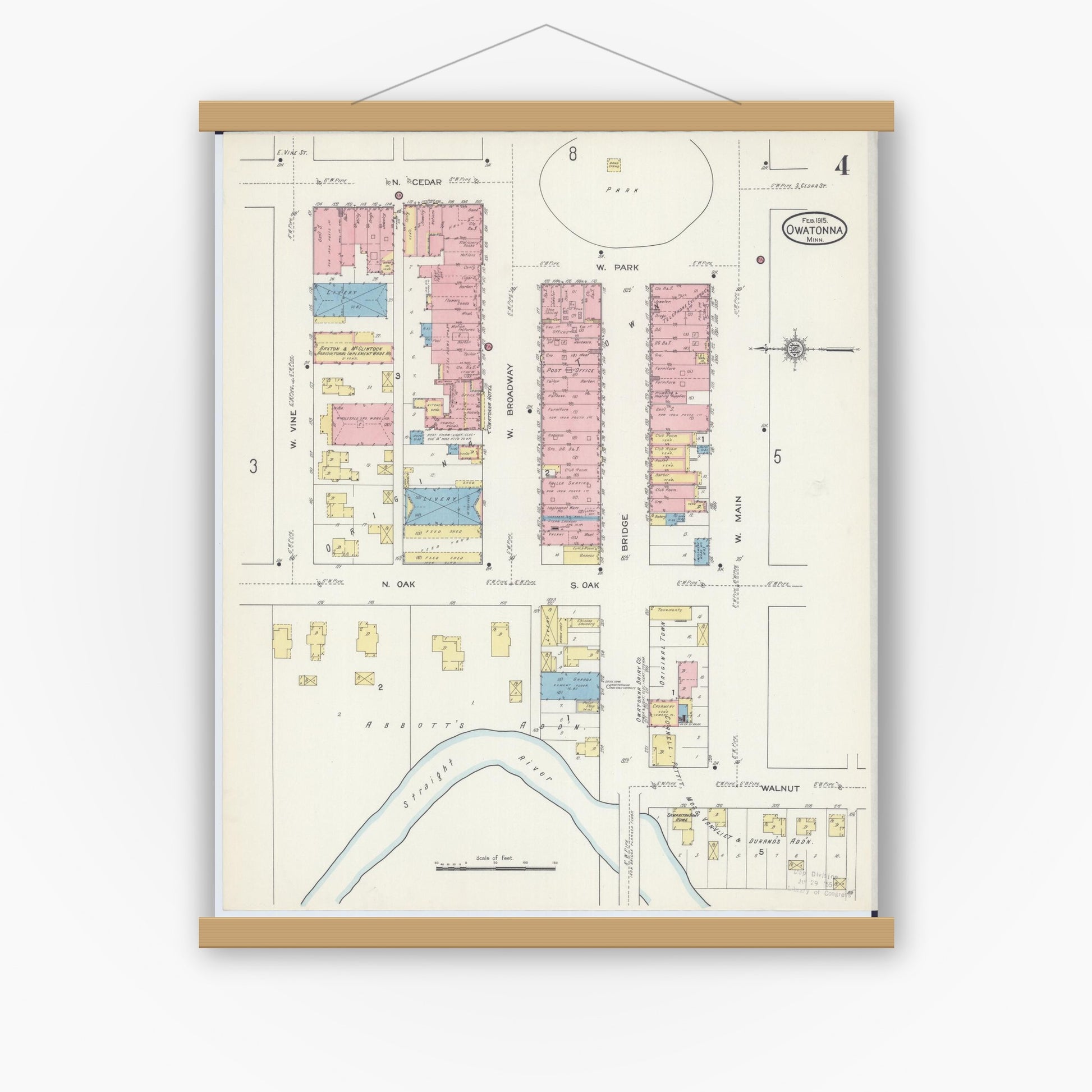 Old map wall art mockup — magnetic wood frame on white wall — Sanborn Fire Insurance Map from Owatonna, Steele County, Minnesota (1915), Sheet #0004