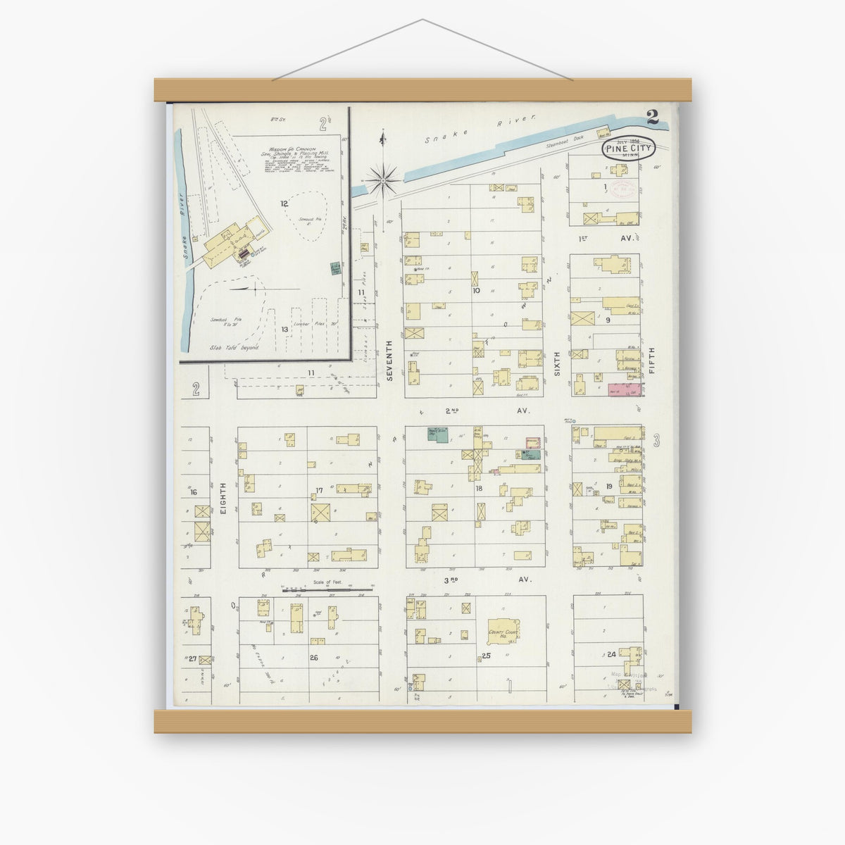 Old map wall art mockup — magnetic wood frame on white wall — Sanborn Fire Insurance Map from Pine City, Pine County, Minnesota (1894), Sheet #0002