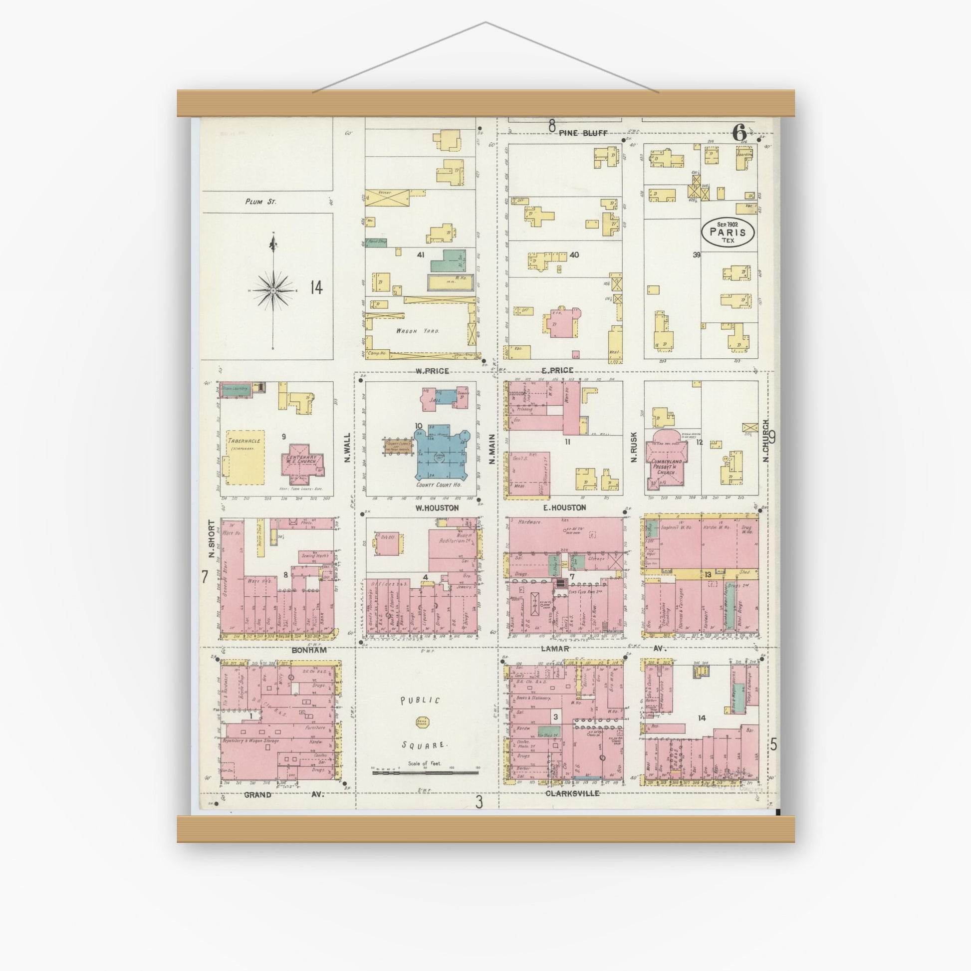 Old map wall art mockup — magnetic wood frame on white wall — Sanborn Fire Insurance Map from Paris, Lamar County, Texas (1902), Sheet #0006