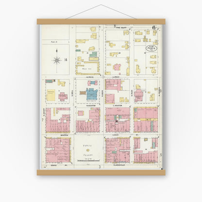 Old map wall art mockup — magnetic wood frame on white wall — Sanborn Fire Insurance Map from Paris, Lamar County, Texas (1902), Sheet #0006