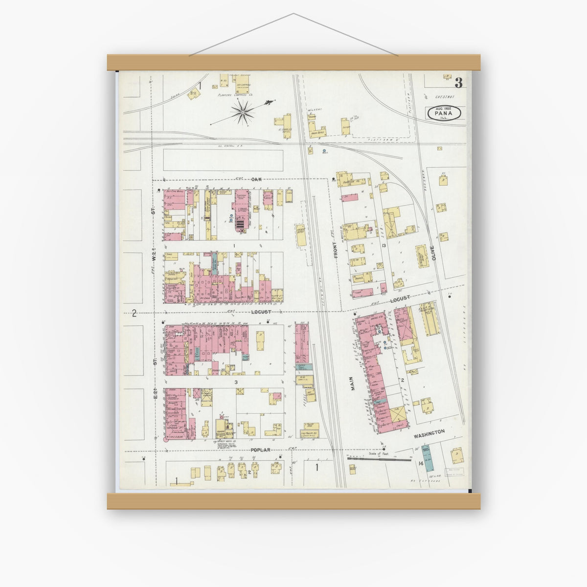Old map wall art mockup — magnetic wood frame on white wall — Sanborn Fire Insurance Map from Pana, Christian County, Illinois (1902), Sheet #0003