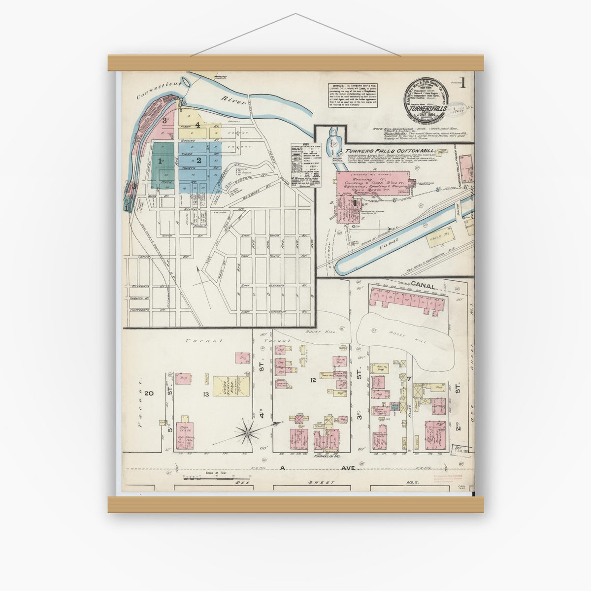 Old map wall art mockup — magnetic wood frame on white wall — Sanborn Fire Insurance Map from Turners Falls, Franklin County, Massachusetts (1884), Sheet #0001