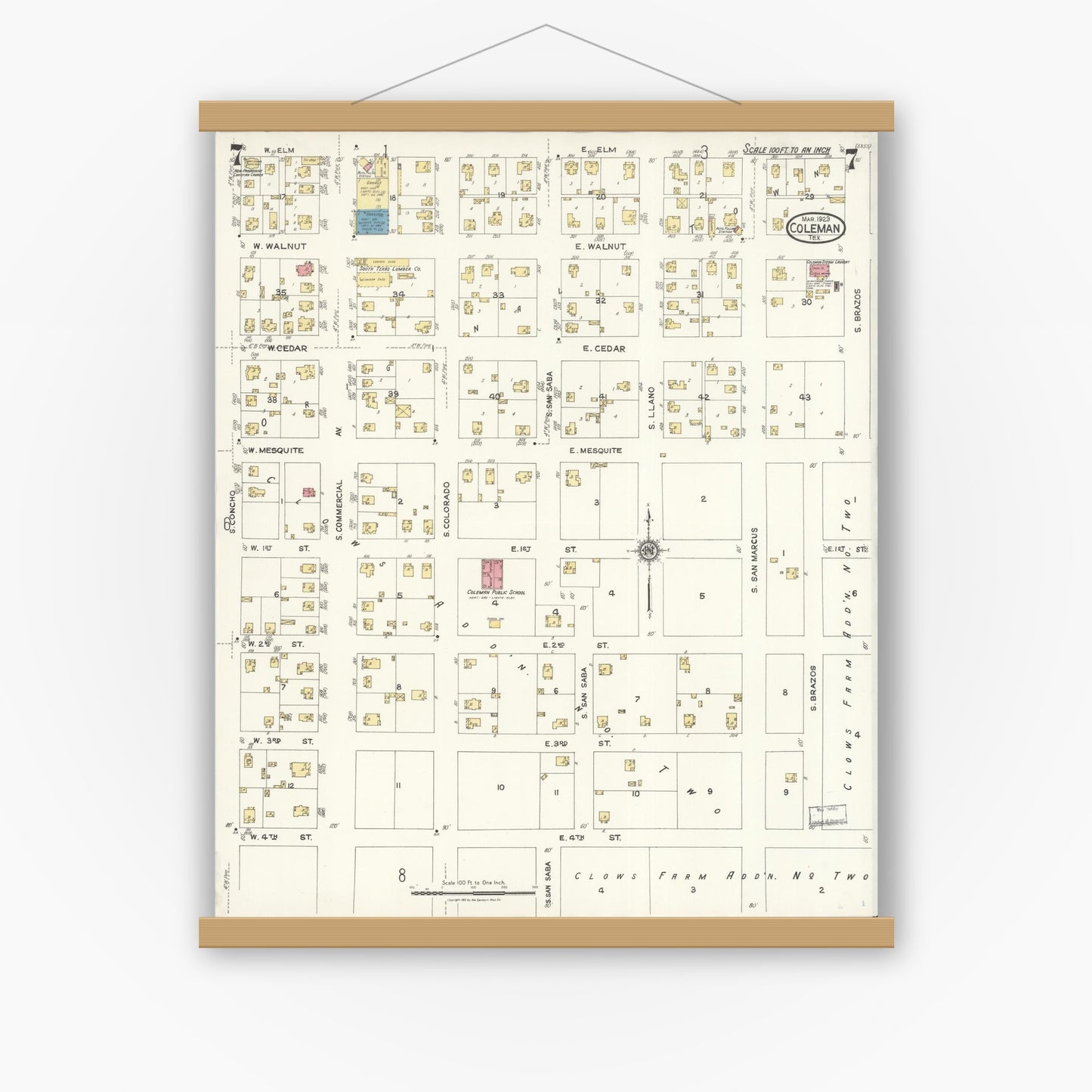 Old map wall art mockup — magnetic wood frame on white wall — Sanborn Fire Insurance Map from Coleman, Coleman County, Texas (1923), Sheet #0007