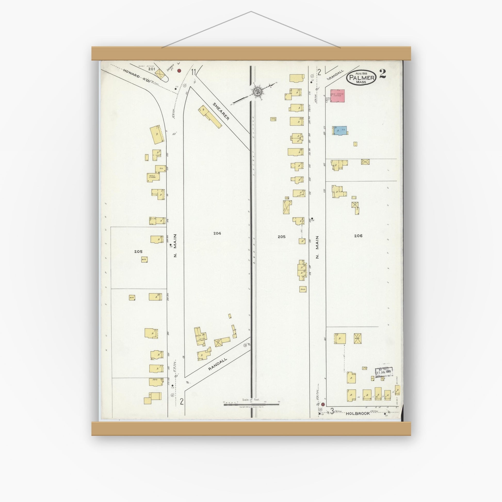 Old map wall art mockup — magnetic wood frame on white wall — Sanborn Fire Insurance Map from Palmer, Hampden County, Massachusetts (1918), Sheet #0002
