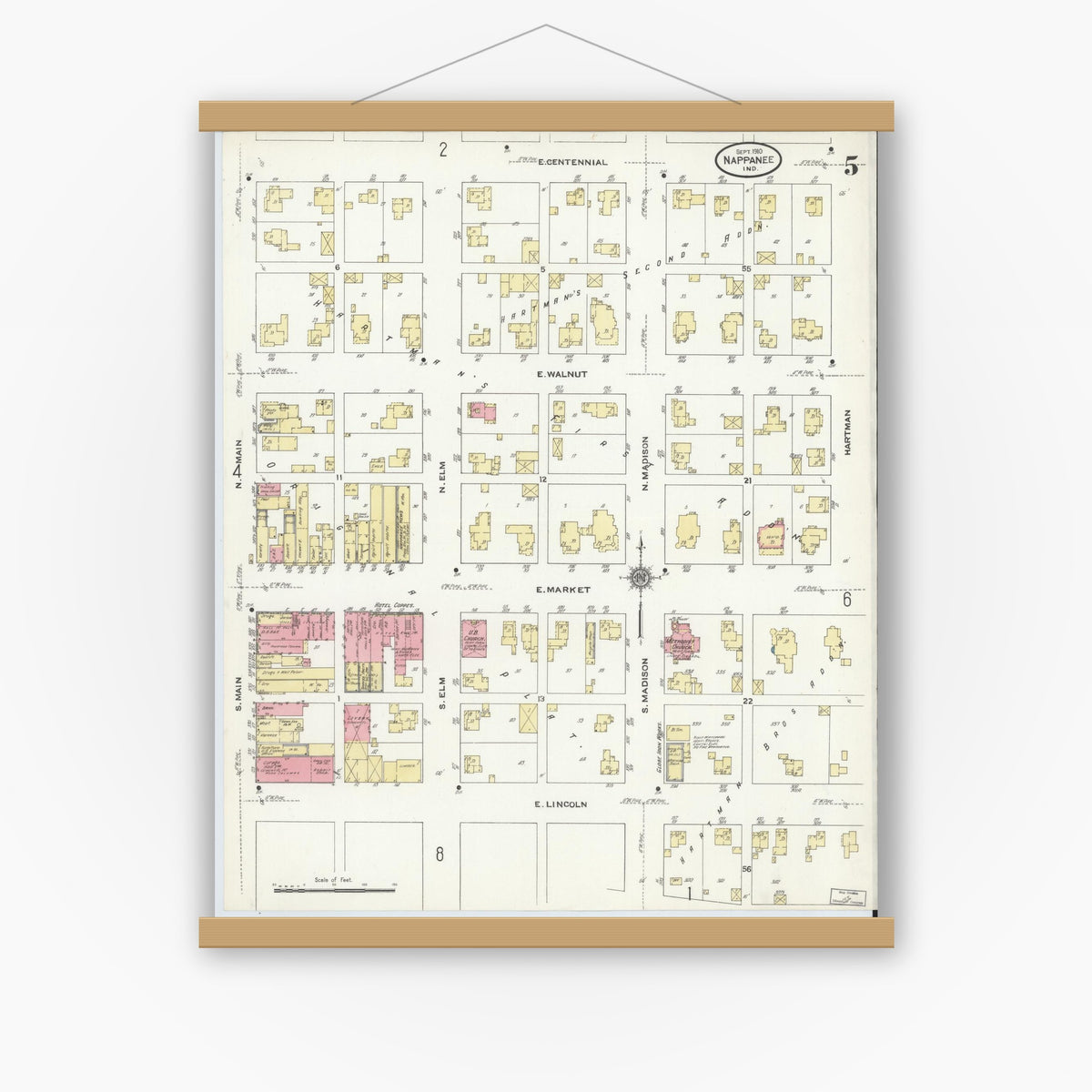 Old map wall art mockup — magnetic wood frame on white wall — Sanborn Fire Insurance Map from Nappanee, Elkhart County, Indiana (1910), Sheet #0005