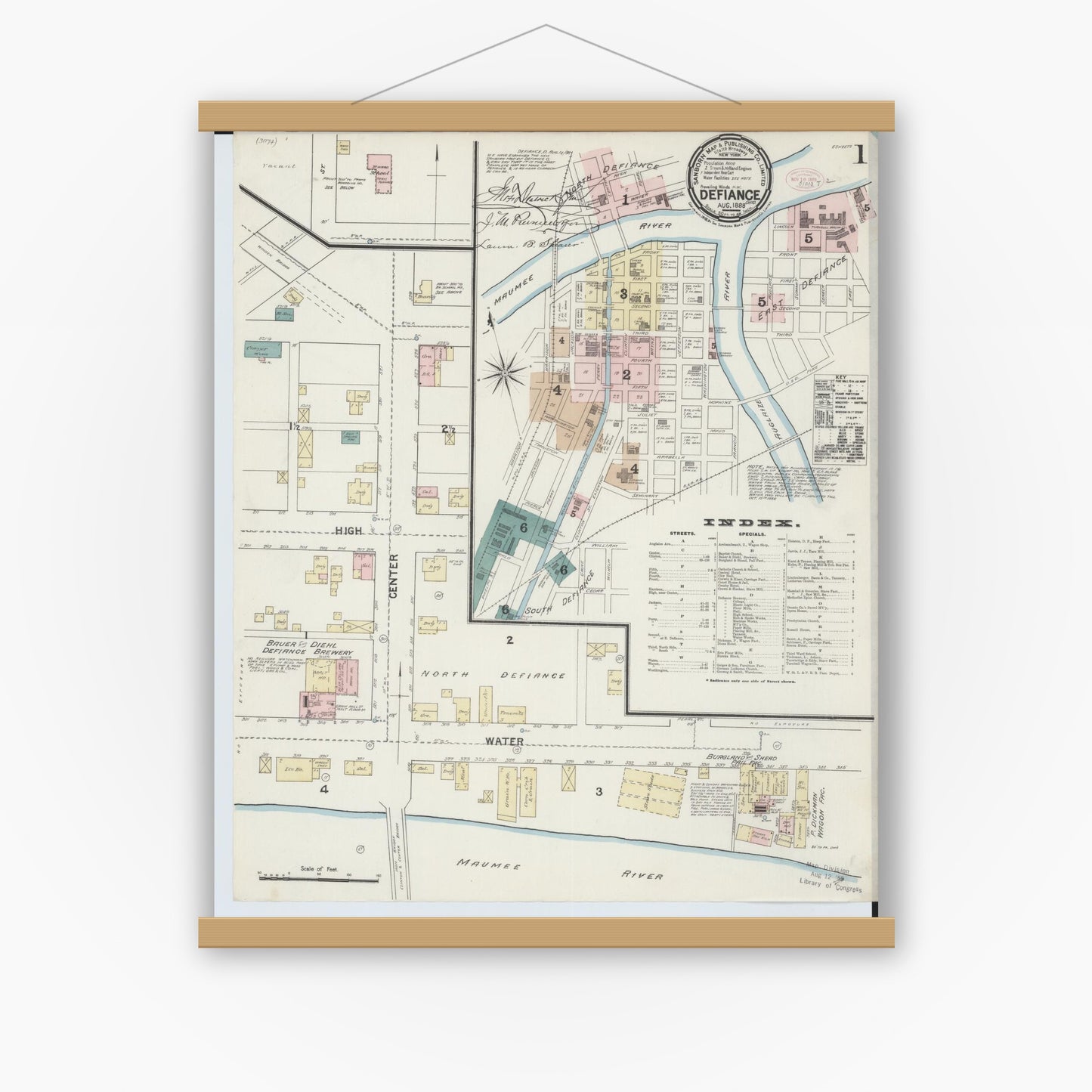 Old map wall art mockup — magnetic wood frame on white wall — Sanborn Fire Insurance Map from Defiance, Defiance County, Ohio (1888), Sheet #0001