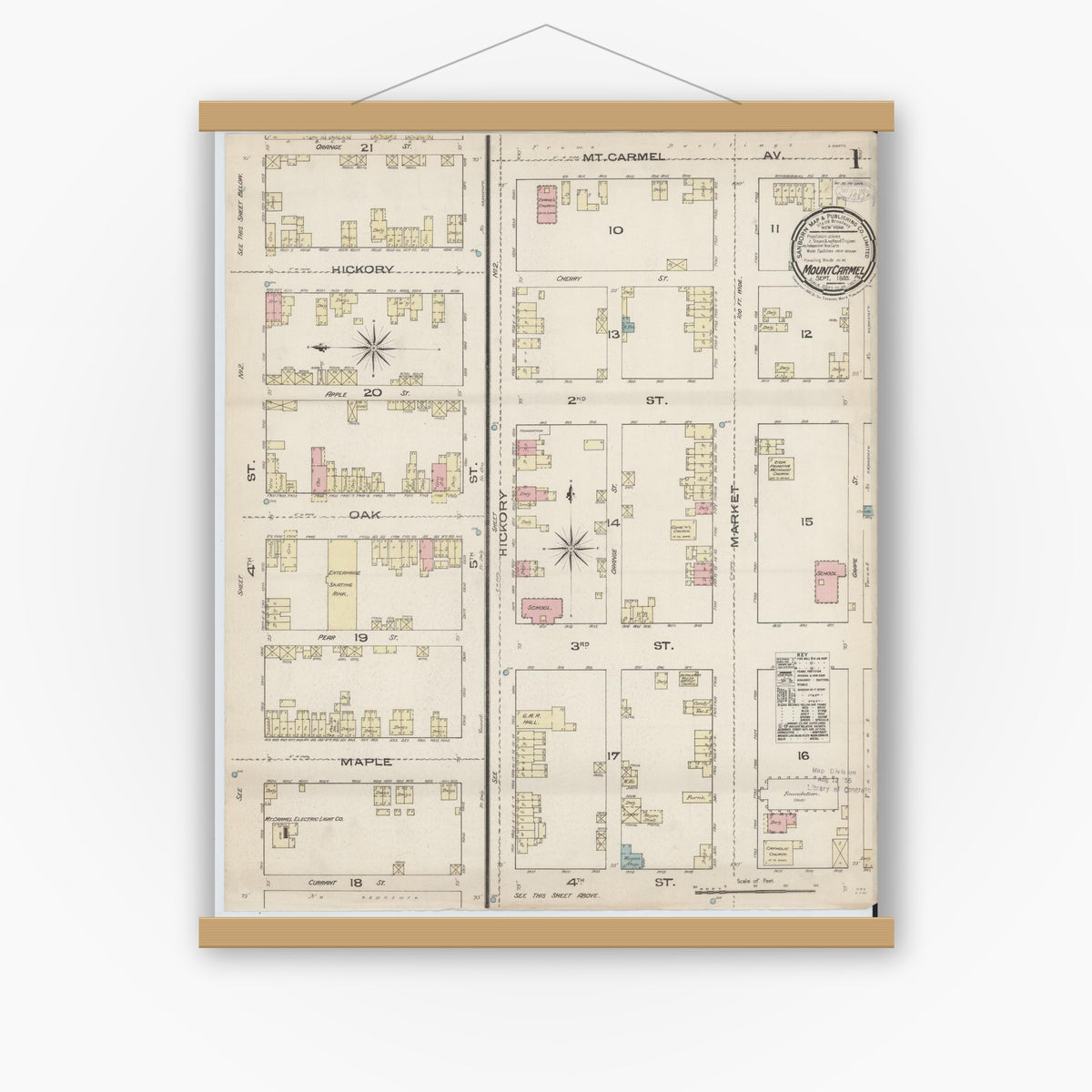 Old map wall art mockup — magnetic wood frame on white wall — Sanborn Fire Insurance Map from Mount Carmel, Northumberland County, Pennsylvania (1885), Sheet #0001