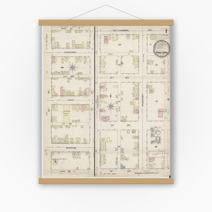 Old map wall art mockup — magnetic wood frame on white wall — Sanborn Fire Insurance Map from Mount Carmel, Northumberland County, Pennsylvania (1885), Sheet #0001