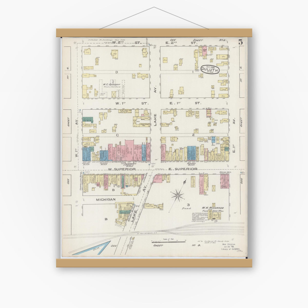 Old map wall art mockup — magnetic wood frame on white wall — Sanborn Fire Insurance Map from Duluth, Saint Louis County, Minnesota (1885), Sheet #0005