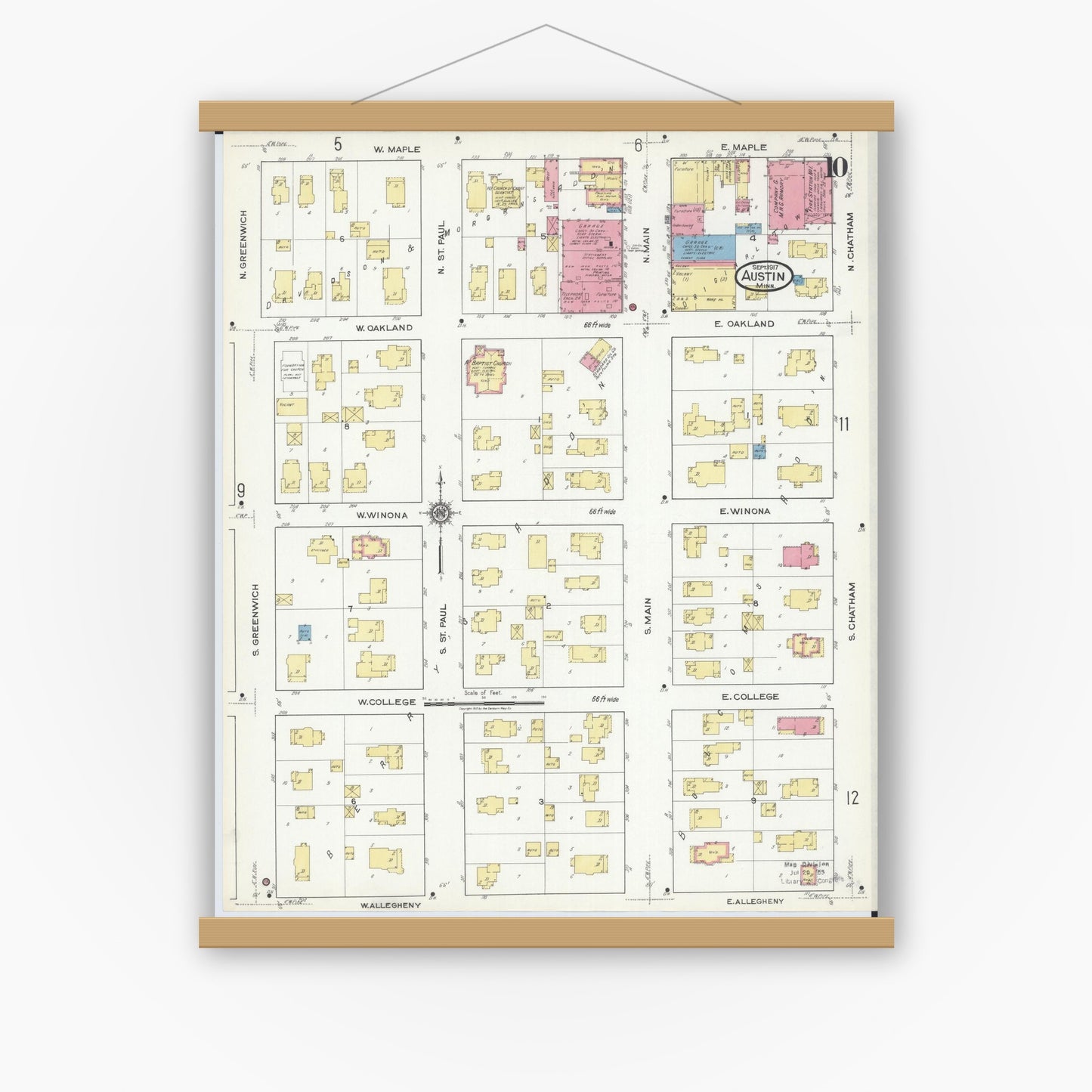 Old map wall art mockup — magnetic wood frame on white wall — Sanborn Fire Insurance Map from Austin, Mower County, Minnesota (1917), Sheet #0010