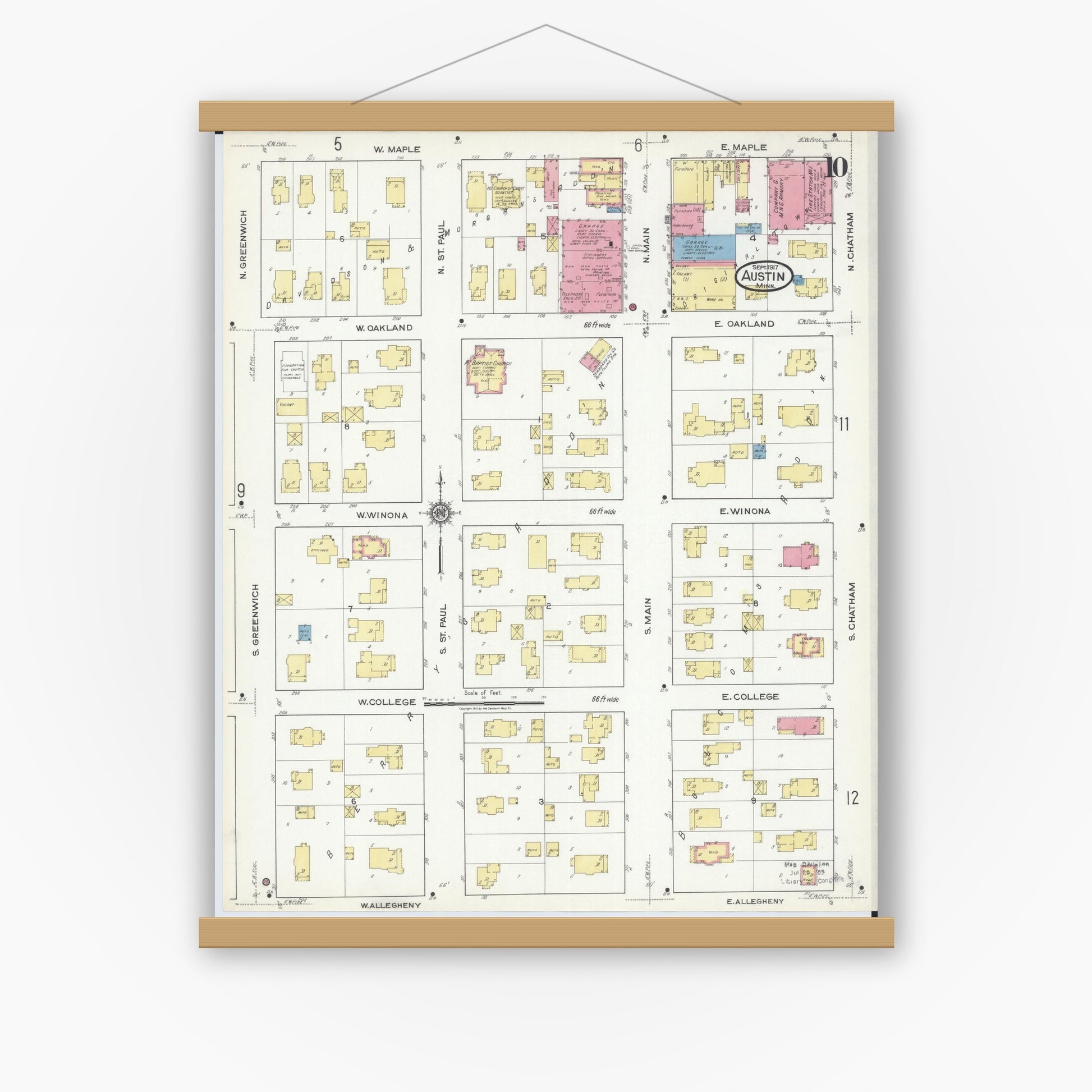 Old map wall art mockup — magnetic wood frame on white wall — Sanborn Fire Insurance Map from Austin, Mower County, Minnesota (1917), Sheet #0010