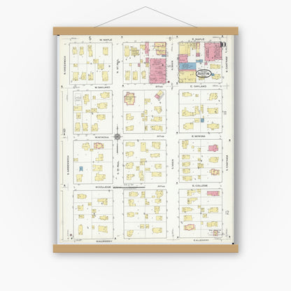 Old map wall art mockup — magnetic wood frame on white wall — Sanborn Fire Insurance Map from Austin, Mower County, Minnesota (1917), Sheet #0010