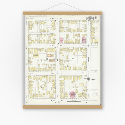Old map wall art mockup — magnetic wood frame on white wall — Sanborn Fire Insurance Map from Wilmington, New Hanover County, North Carolina (1910), Sheet #0006