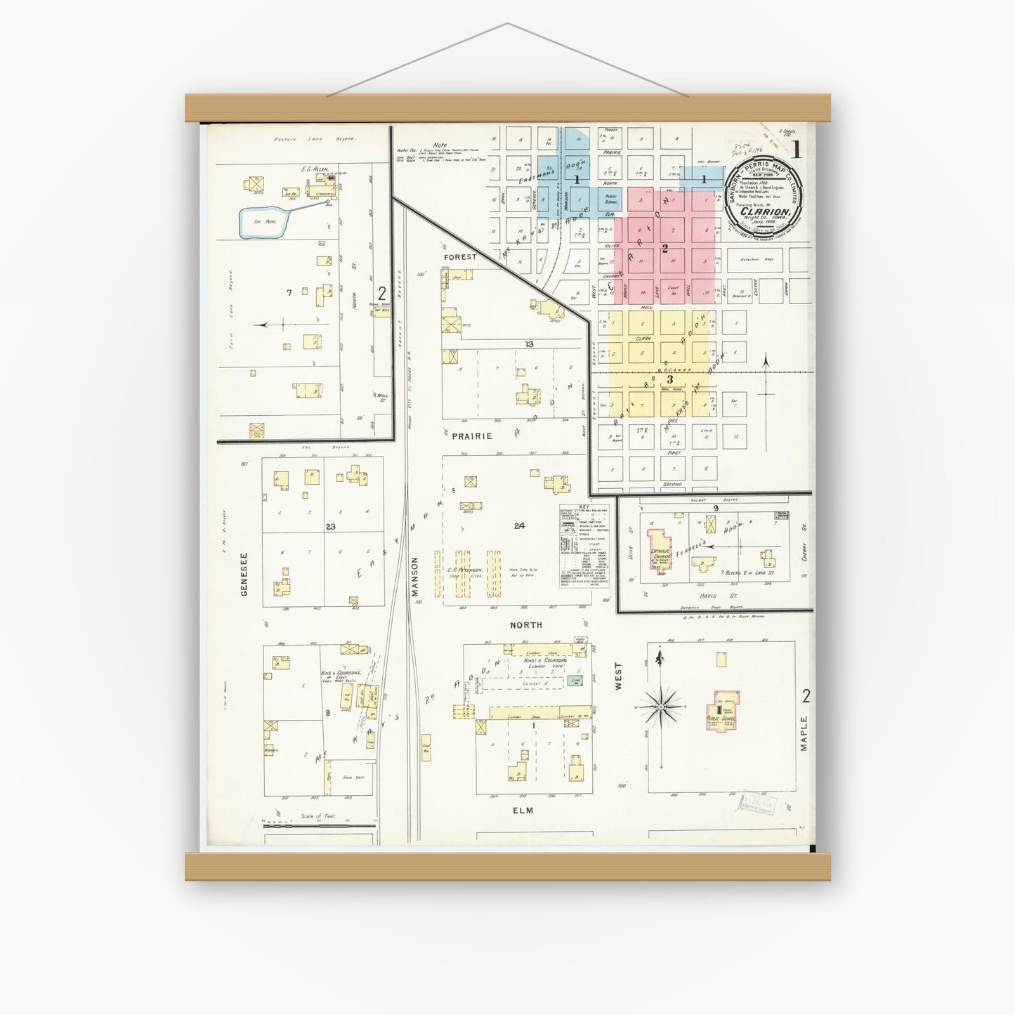Old map wall art mockup — magnetic wood frame on white wall — Sanborn Fire Insurance Map from Clarion, Wright County, Iowa (1896), Sheet #0001