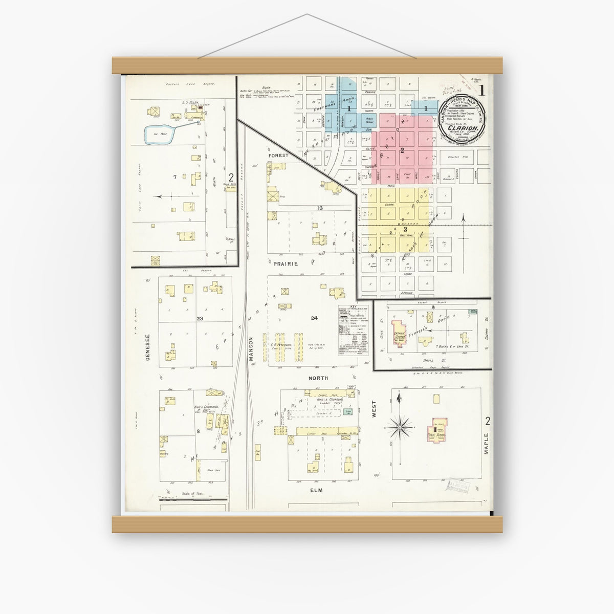 Old map wall art mockup — magnetic wood frame on white wall — Sanborn Fire Insurance Map from Clarion, Wright County, Iowa (1896), Sheet #0001