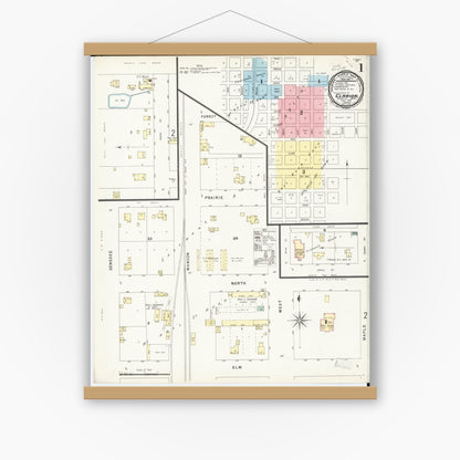 Old map wall art mockup — magnetic wood frame on white wall — Sanborn Fire Insurance Map from Clarion, Wright County, Iowa (1896), Sheet #0001