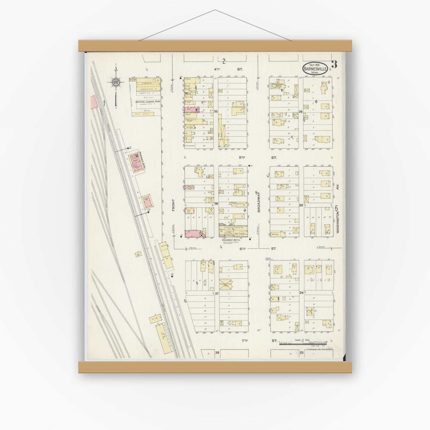 Old map wall art mockup — magnetic wood frame on white wall — Sanborn Fire Insurance Map from Barnesville, Clay County, Minnesota (1914), Sheet #0003