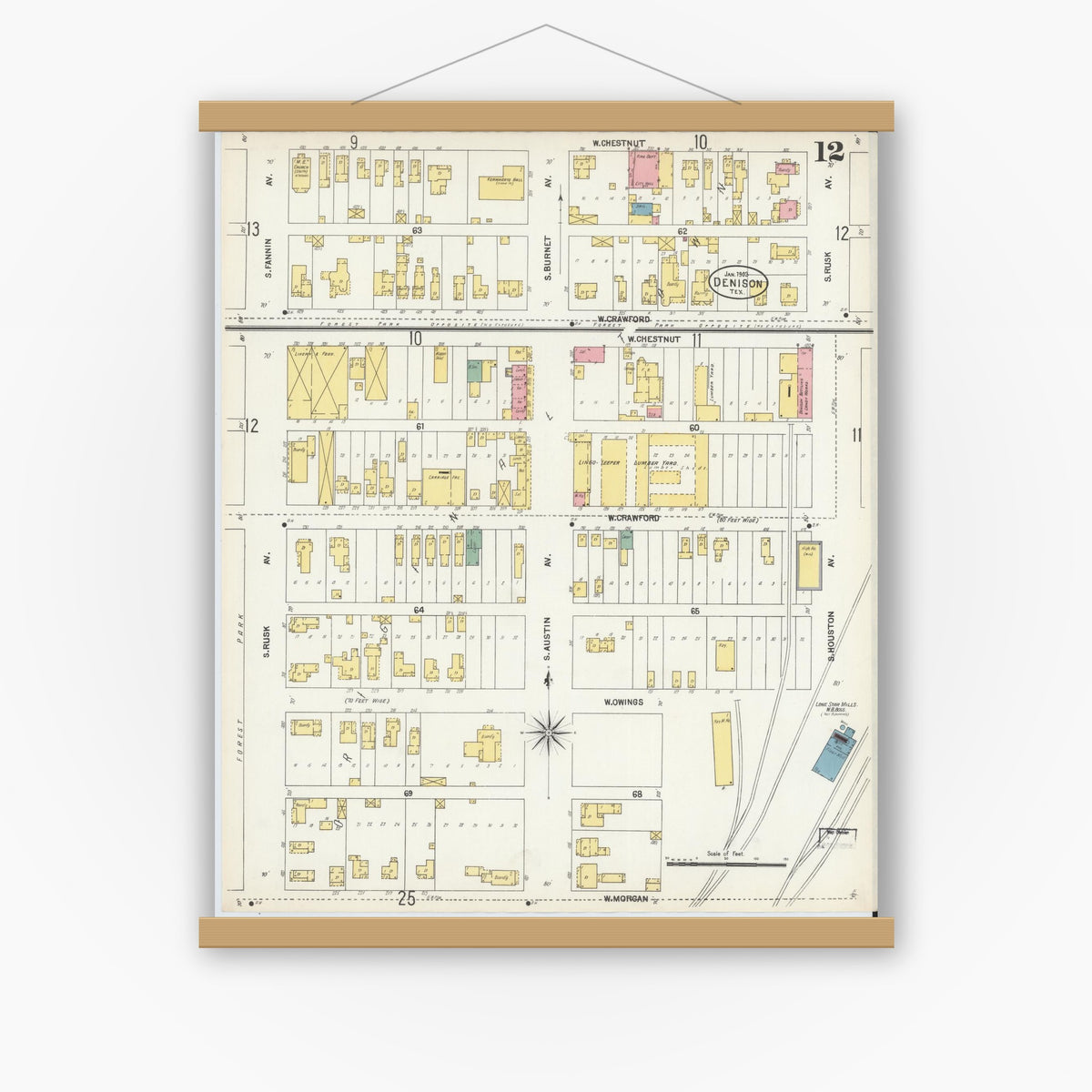 Old map wall art mockup — magnetic wood frame on white wall — Sanborn Fire Insurance Map from Denison, Grayson County, Texas (1903), Sheet #0012