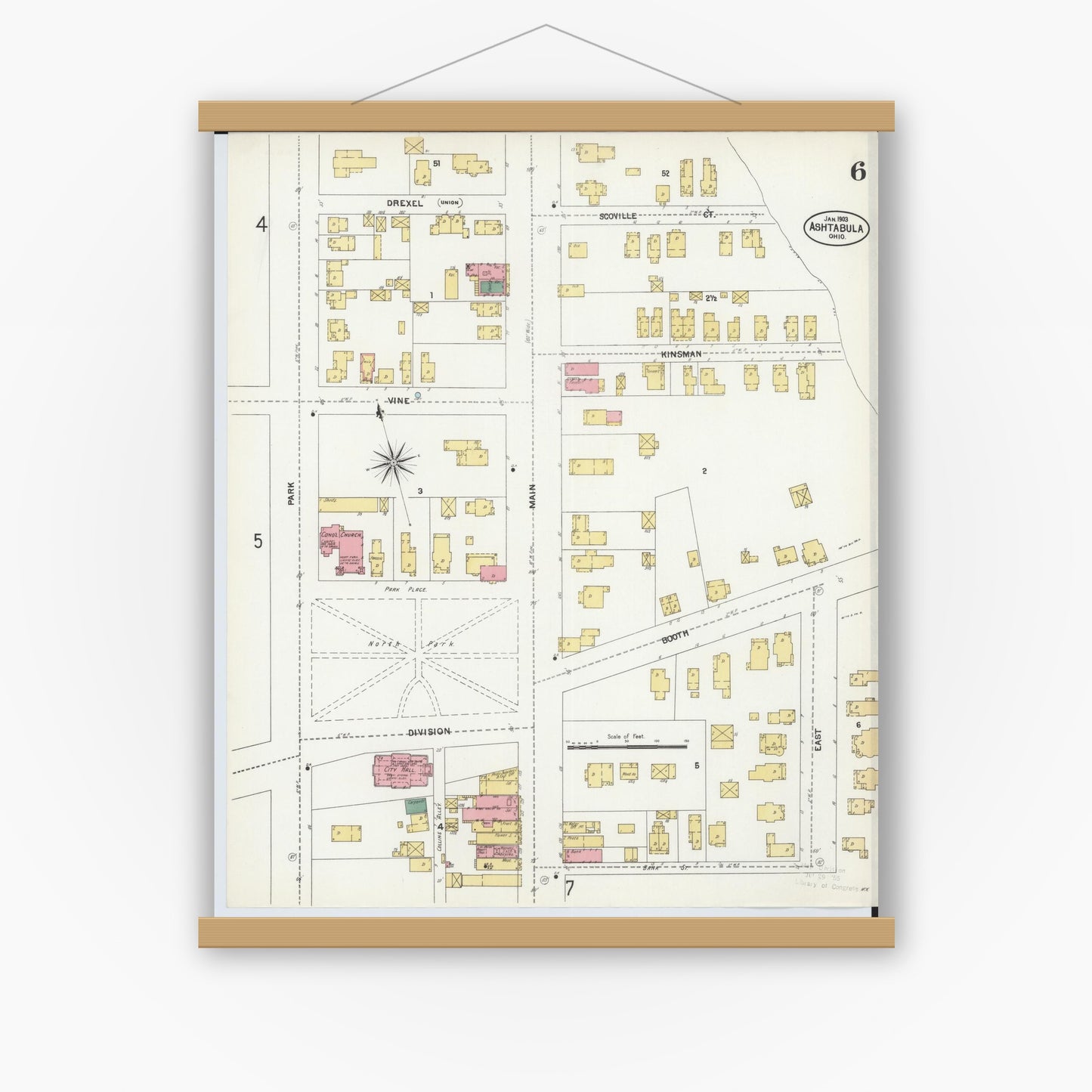 Old map wall art mockup — magnetic wood frame on white wall — Sanborn Fire Insurance Map from Ashtabula, Ashtabula County, Ohio (1903), Sheet #0006