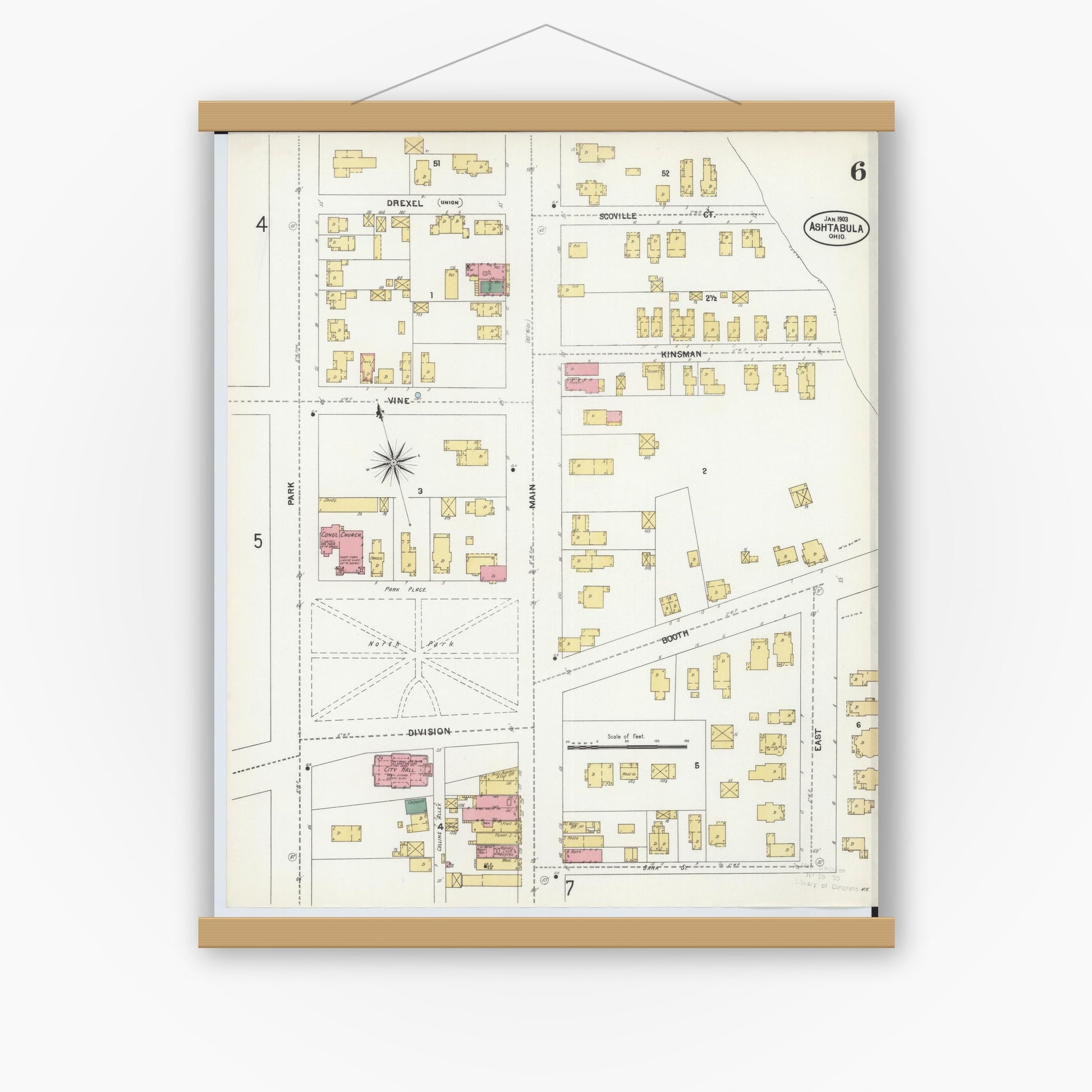 Old map wall art mockup — magnetic wood frame on white wall — Sanborn Fire Insurance Map from Ashtabula, Ashtabula County, Ohio (1903), Sheet #0006