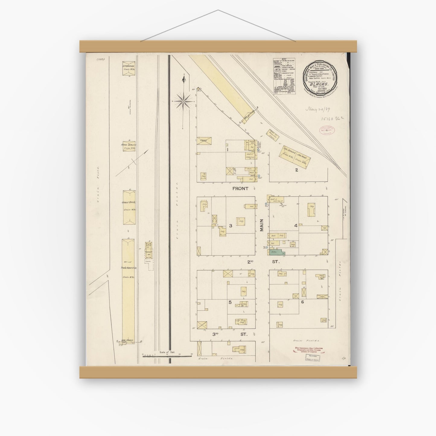 Old map wall art mockup — magnetic wood frame on white wall — Sanborn Fire Insurance Map from Blacks, Yolo County, California (1889), Sheet #0001