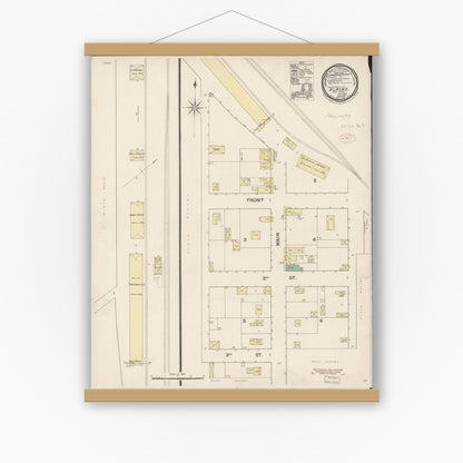 Old map wall art mockup — magnetic wood frame on white wall — Sanborn Fire Insurance Map from Blacks, Yolo County, California (1889), Sheet #0001