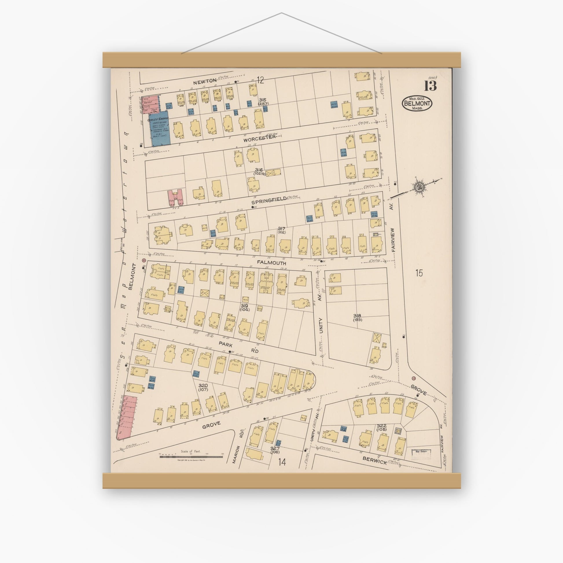 Old map wall art mockup — magnetic wood frame on white wall — Sanborn Fire Insurance Map from Belmont, Middlesex County, Massachusetts (1922), Sheet #0013