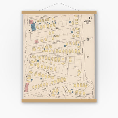 Old map wall art mockup — magnetic wood frame on white wall — Sanborn Fire Insurance Map from Belmont, Middlesex County, Massachusetts (1922), Sheet #0013