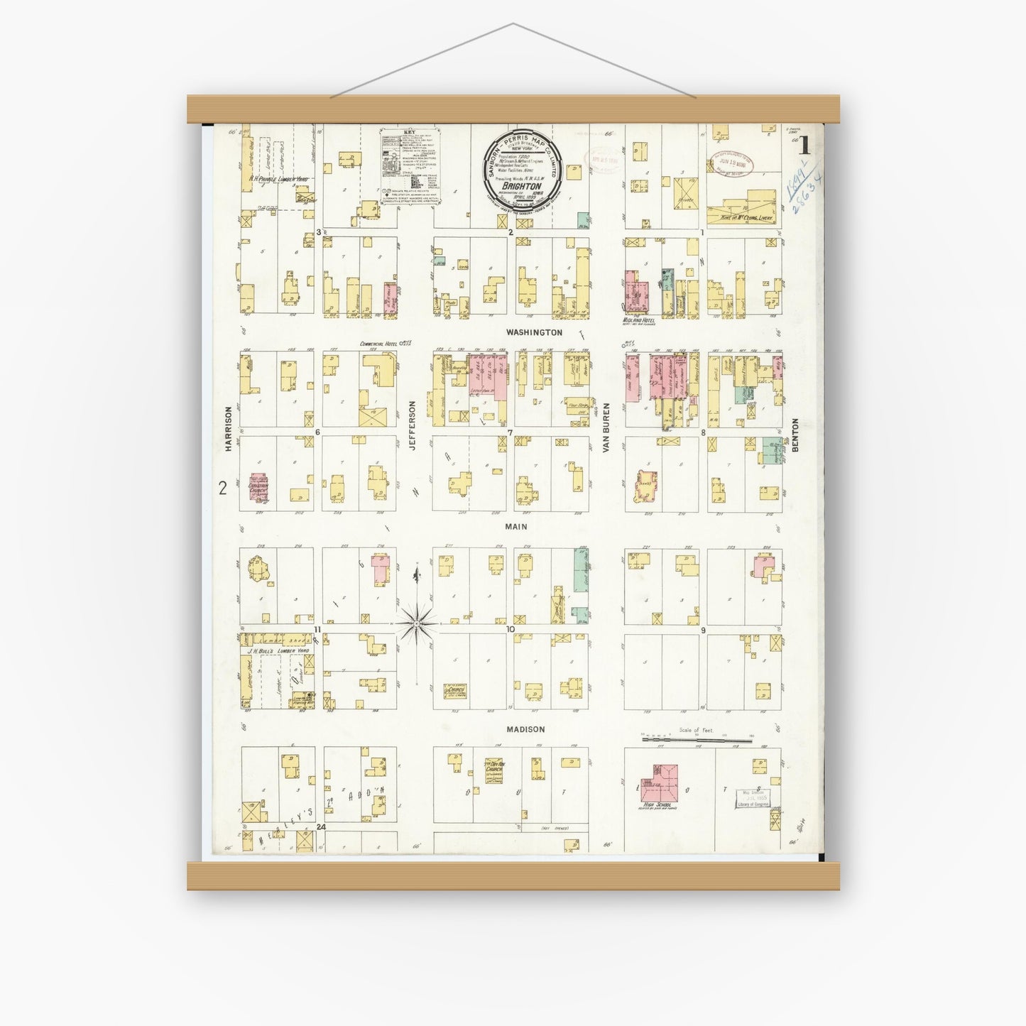 Old map wall art mockup — magnetic wood frame on white wall — Sanborn Fire Insurance Map from Brighton, Washington County, Iowa (1899) â€” Complete Set