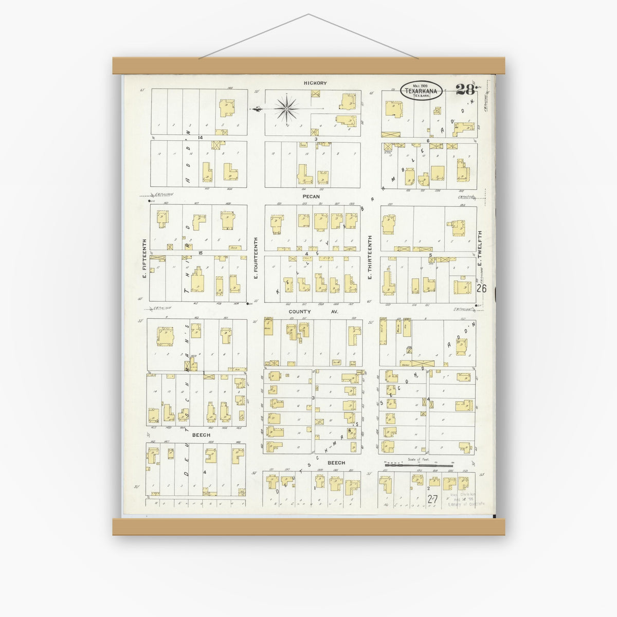 Old map wall art mockup — magnetic wood frame on white wall — Sanborn Fire Insurance Map from Texarkana, Bowie County, Texas (1909), Sheet #0028