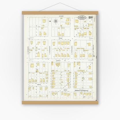 Old map wall art mockup — magnetic wood frame on white wall — Sanborn Fire Insurance Map from Texarkana, Bowie County, Texas (1909), Sheet #0028