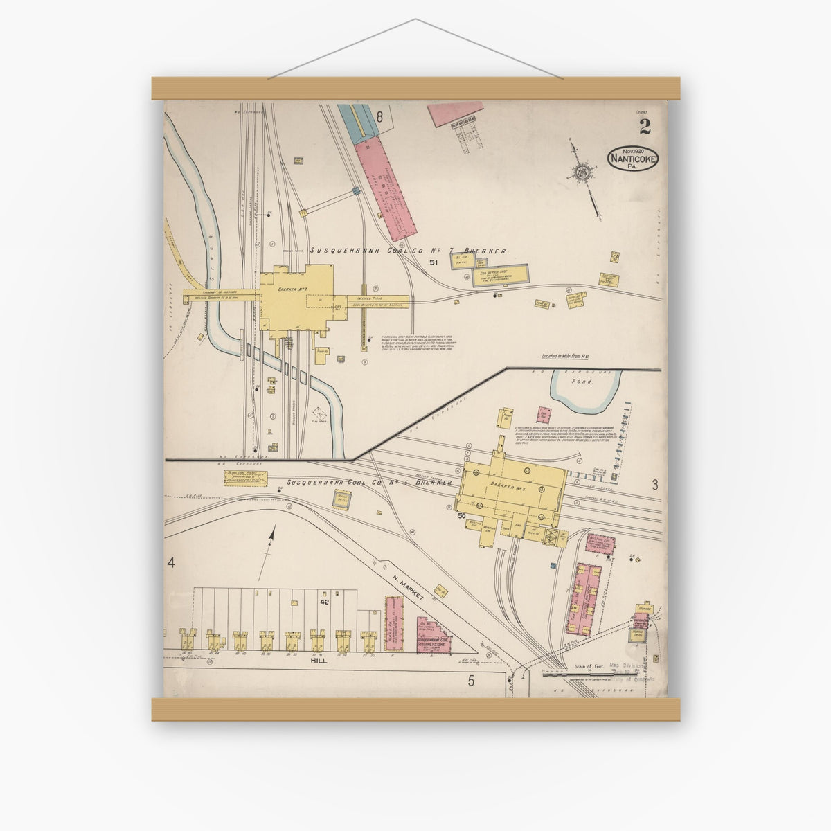 Old map wall art mockup — magnetic wood frame on white wall — Sanborn Fire Insurance Map from Nanticoke, Luzerne County, Pennsylvania (1920), Sheet #0002