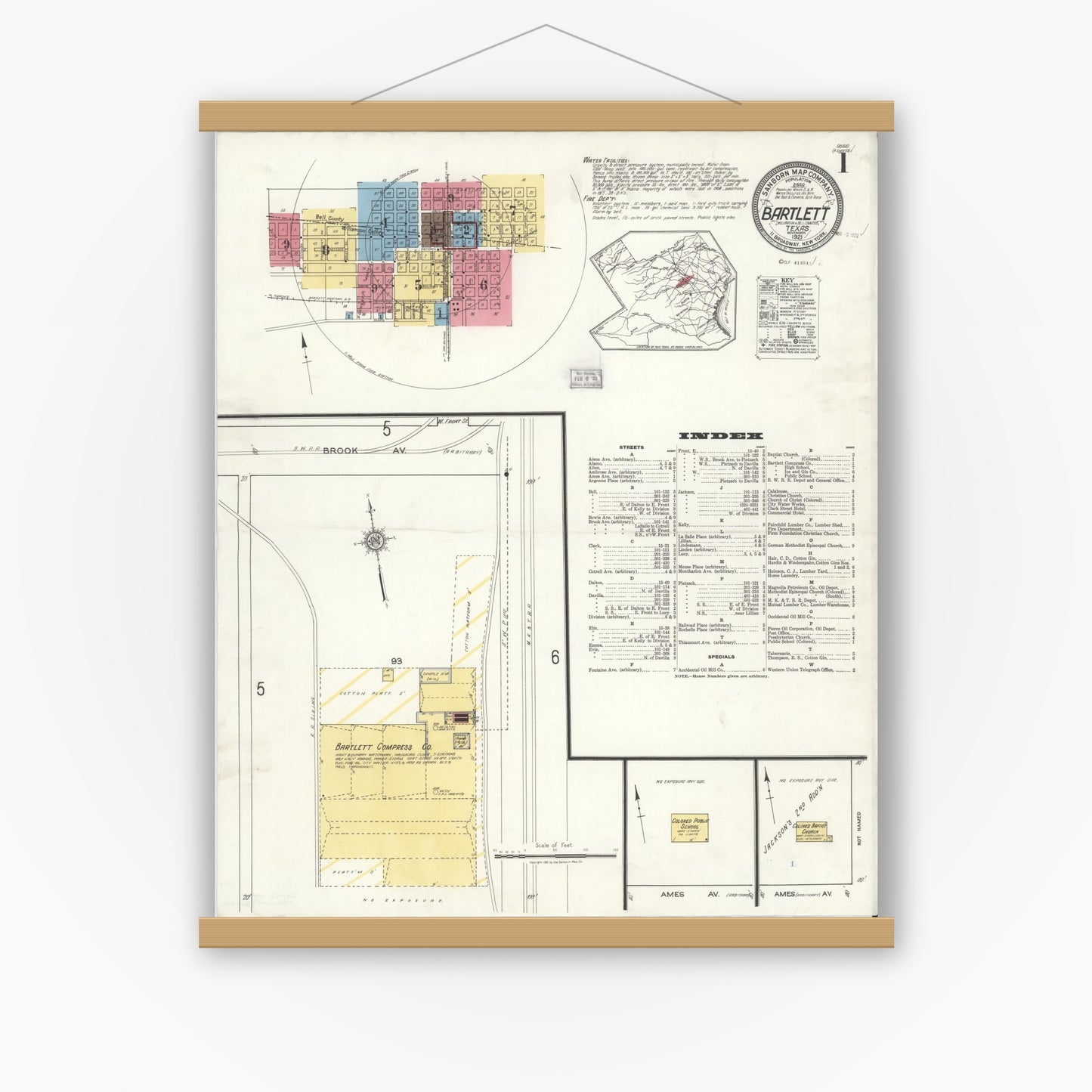 Old map wall art mockup — magnetic wood frame on white wall — Sanborn Fire Insurance Map from Bartlett, Bell and Williamson Counties, Texas (1921) - Complete Map Set