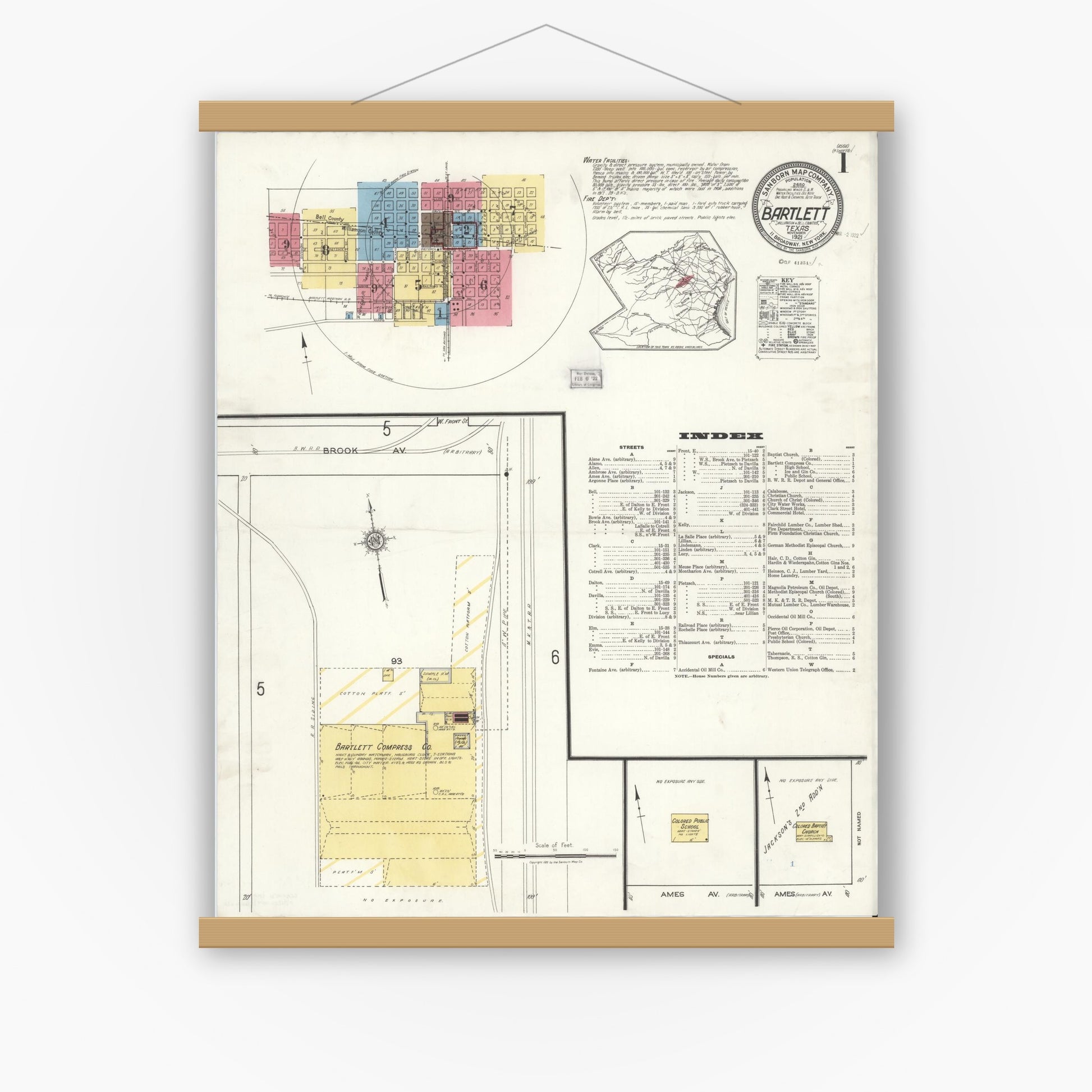 Old map wall art mockup — magnetic wood frame on white wall — Sanborn Fire Insurance Map from Bartlett, Bell and Williamson Counties, Texas (1921) - Complete Map Set