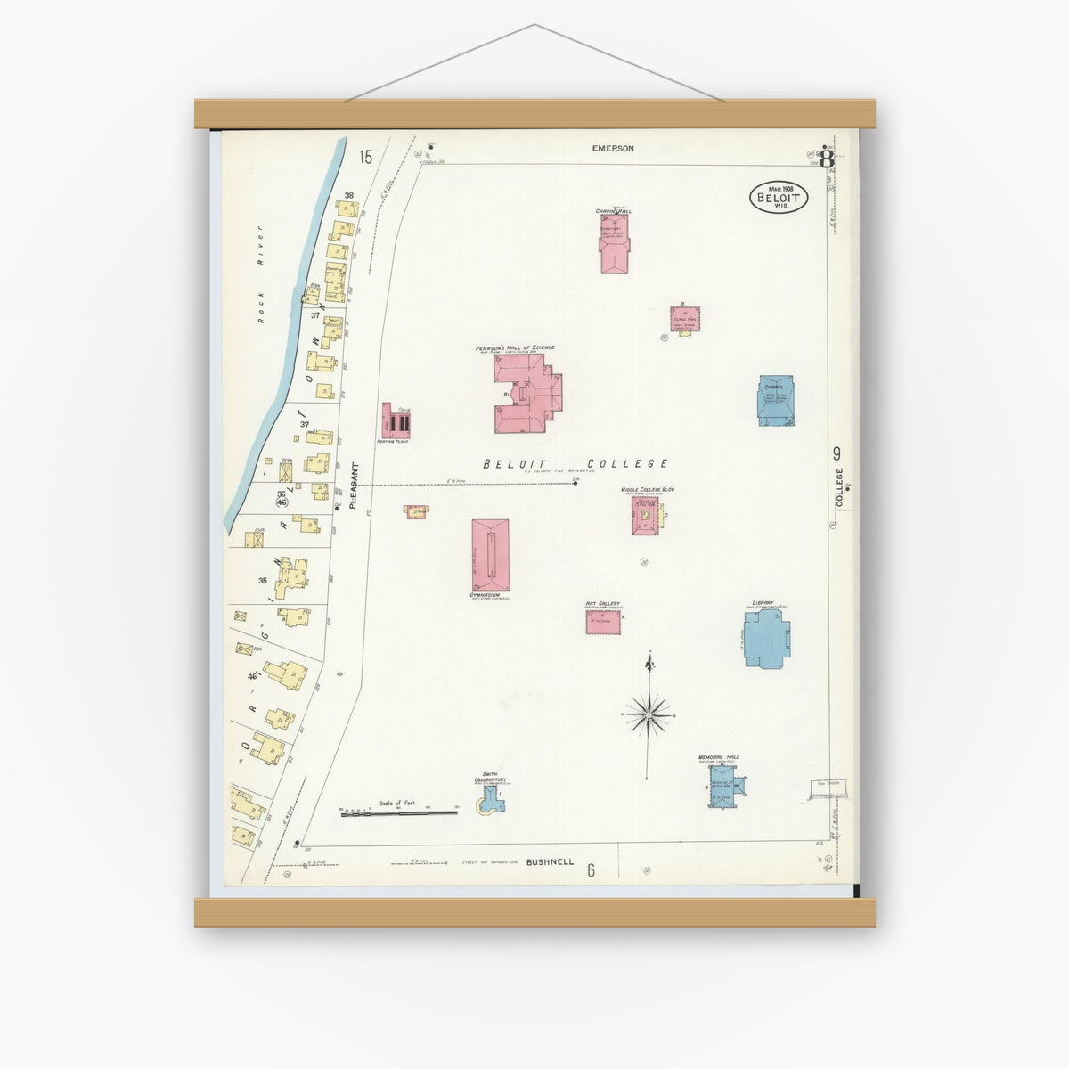 Old map wall art mockup — magnetic wood frame on white wall — Sanborn Fire Insurance Map from Beloit, Rock County, Wisconsin (1908), Sheet #0008