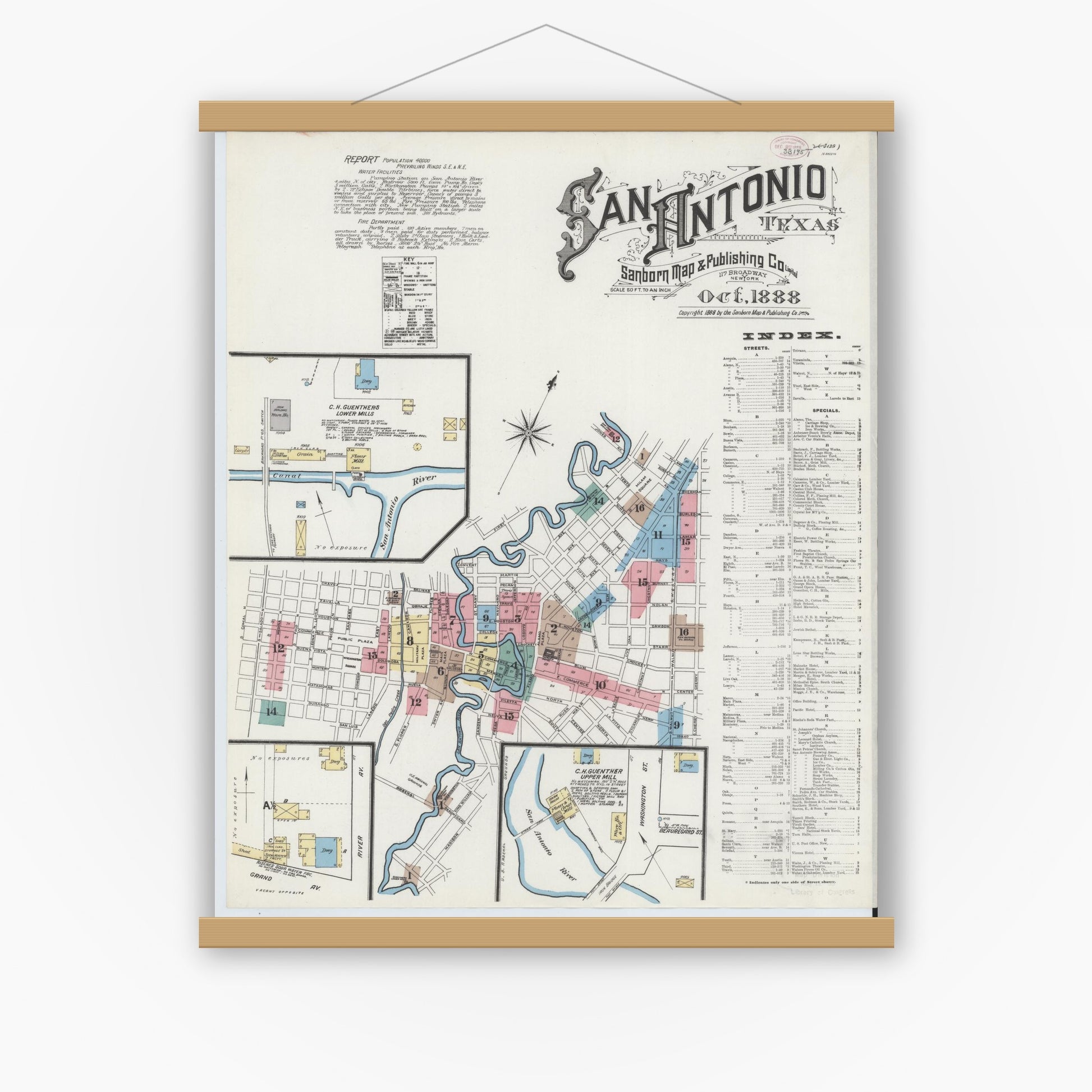 Old map wall art mockup — magnetic wood frame on white wall — Sanborn Fire Insurance Map from San Antonio, Bexar County, Texas (1888), Sheet #0001