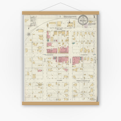 Old map wall art mockup — magnetic wood frame on white wall — Sanborn Fire Insurance Map from Roachdale, Putnam County, Indiana (1902), Sheet #0001