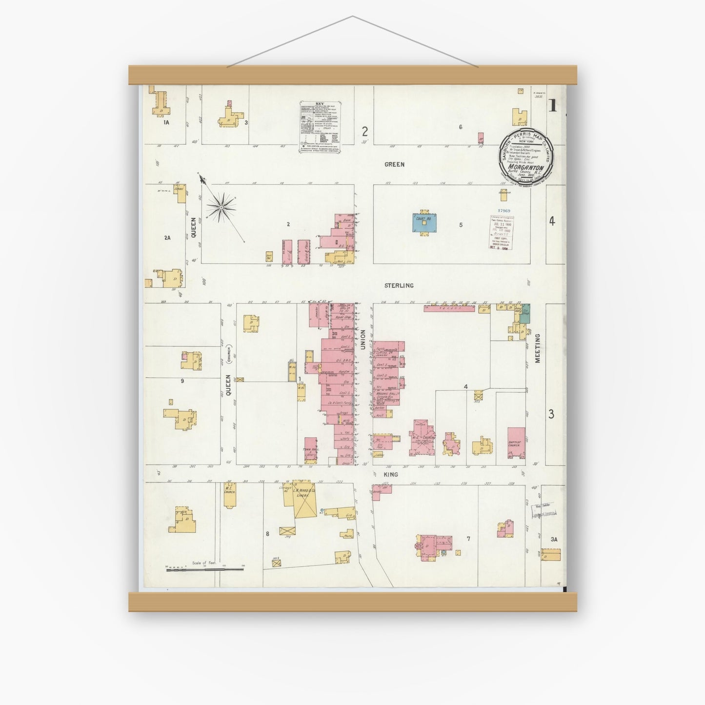 Old map wall art mockup — magnetic wood frame on white wall — Sanborn Fire Insurance Map from Morganton, Burke County, North Carolina (1900) - Complete Map Set