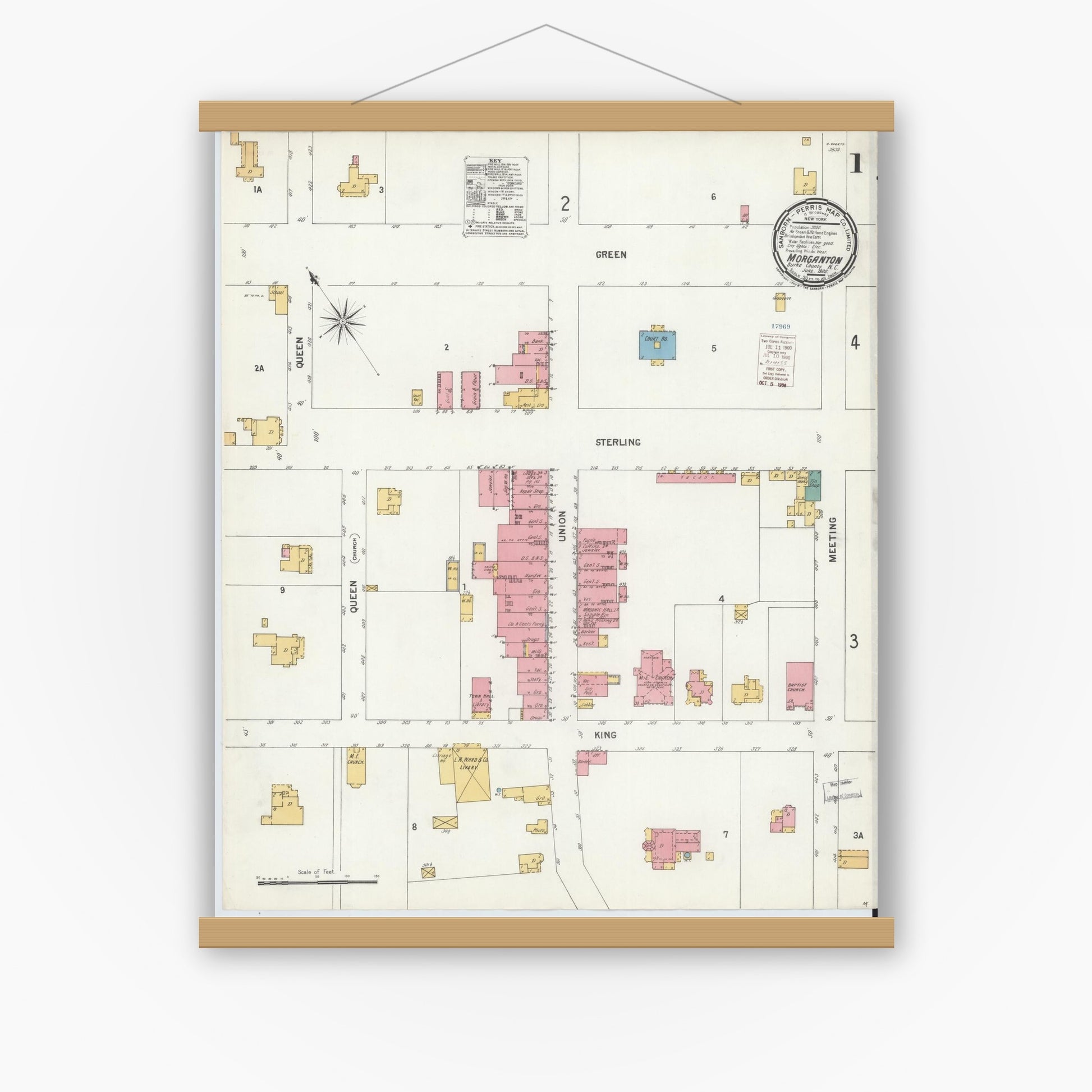 Old map wall art mockup — magnetic wood frame on white wall — Sanborn Fire Insurance Map from Morganton, Burke County, North Carolina (1900) - Complete Map Set