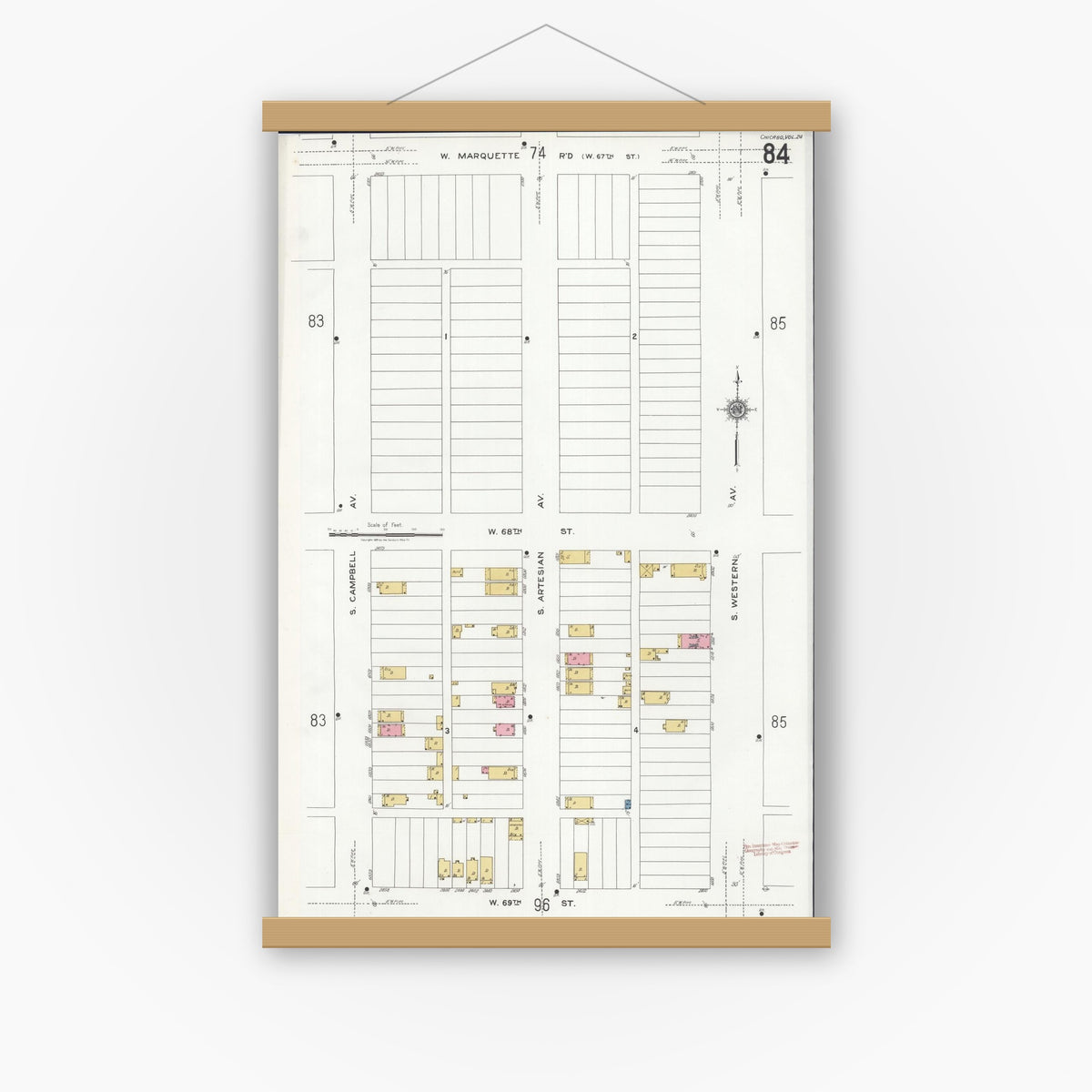 Old map wall art mockup — magnetic wood frame on white wall — Sanborn Fire Insurance Map from Chicago, Cook County, Illinois (1920), Sheet #0084