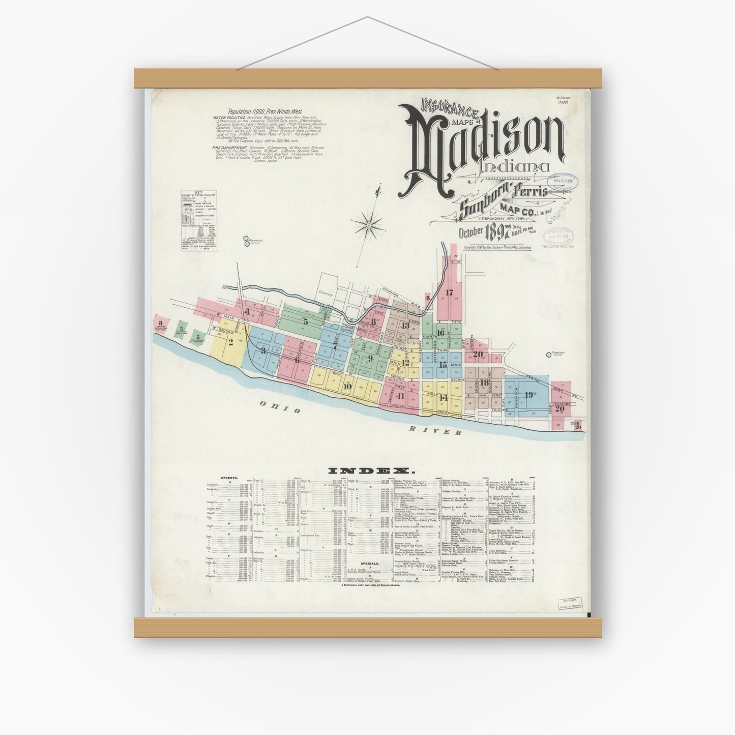 Old map wall art mockup — magnetic wood frame on white wall — Sanborn Fire Insurance Map from Madison, Jefferson County, Indiana (1897), Sheet #0001