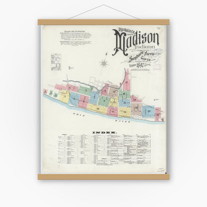 Old map wall art mockup — magnetic wood frame on white wall — Sanborn Fire Insurance Map from Madison, Jefferson County, Indiana (1897), Sheet #0001