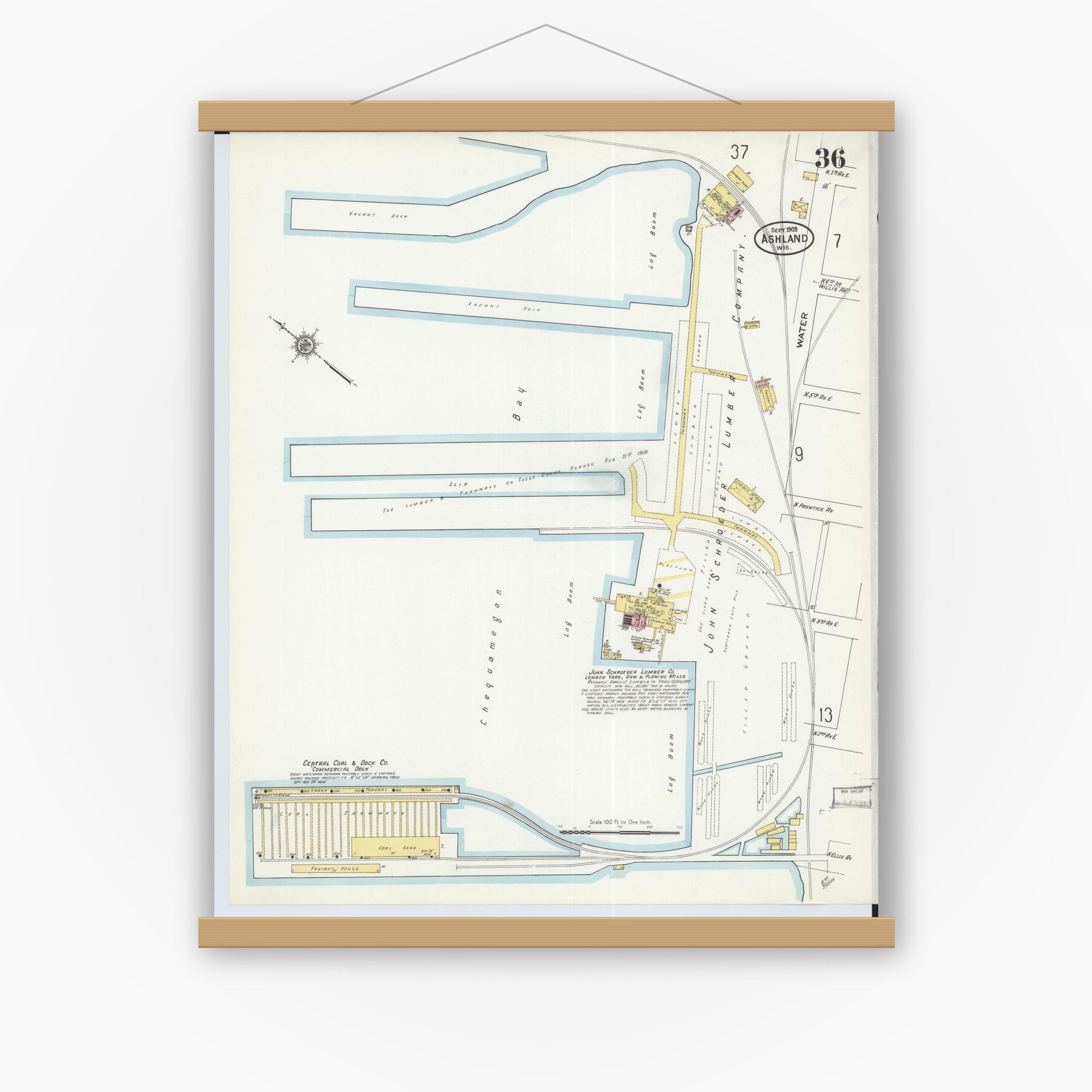 Old map wall art mockup — magnetic wood frame on white wall — Sanborn Fire Insurance Map from Ashland, Ashland County, Wisconsin (1909), Sheet #0036