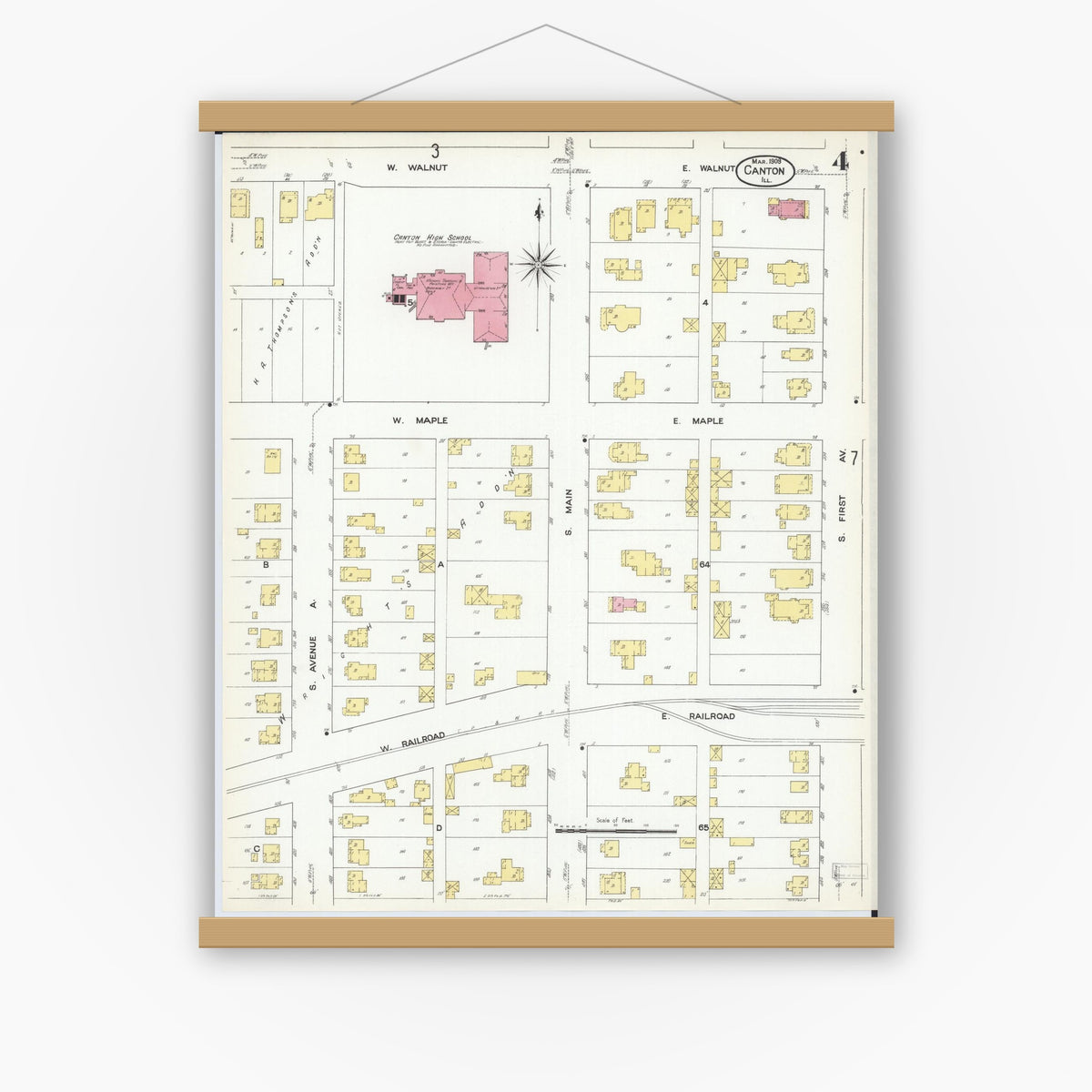 Old map wall art mockup — magnetic wood frame on white wall — Sanborn Fire Insurance Map from Canton, Fulton County, Illinois (1909), Sheet #0004
