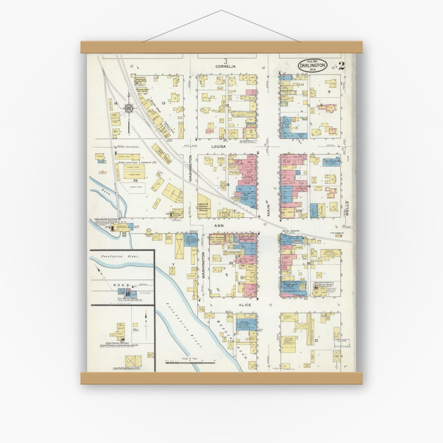 Old map wall art mockup — magnetic wood frame on white wall — Sanborn Fire Insurance Map from Darlington, Lafayette County, Wisconsin (1915), Sheet #0002