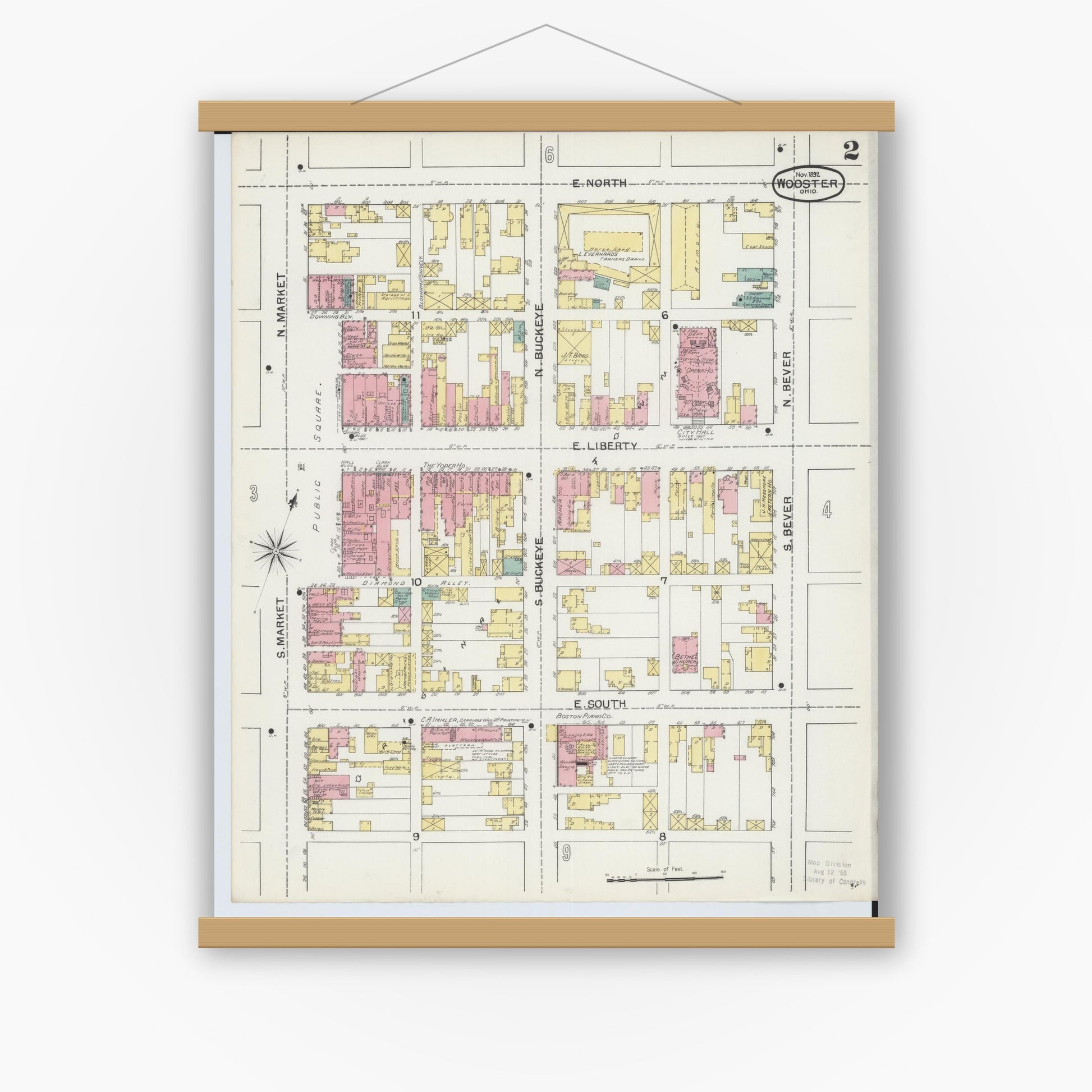 Old map wall art mockup — magnetic wood frame on white wall — Sanborn Fire Insurance Map from Wooster, Wayne County, Ohio (1892), Sheet #0002