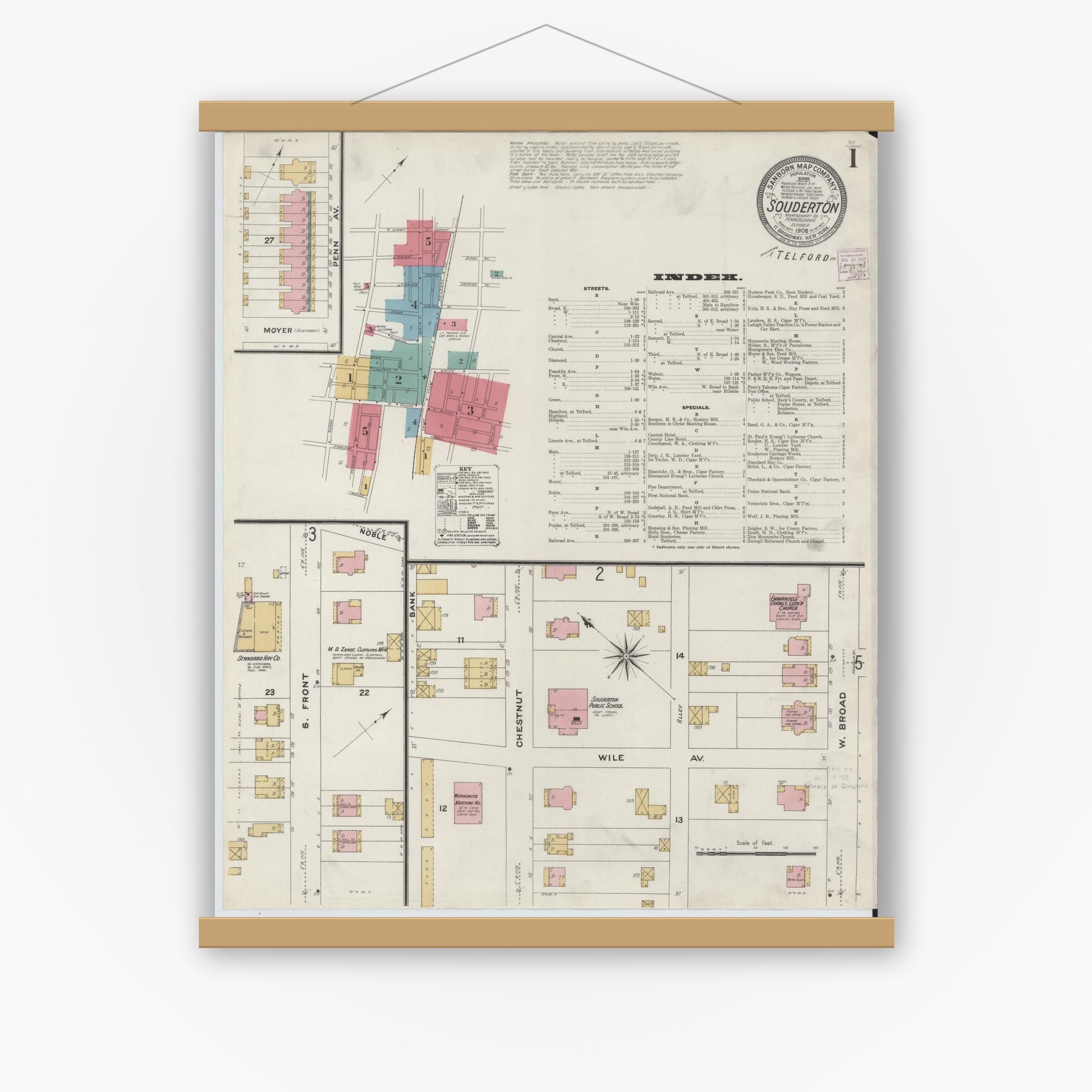 Old map wall art mockup — magnetic wood frame on white wall — Sanborn Fire Insurance Map from Souderton, Montgomery County, Pennsylvania (1908) - Complete Map Set