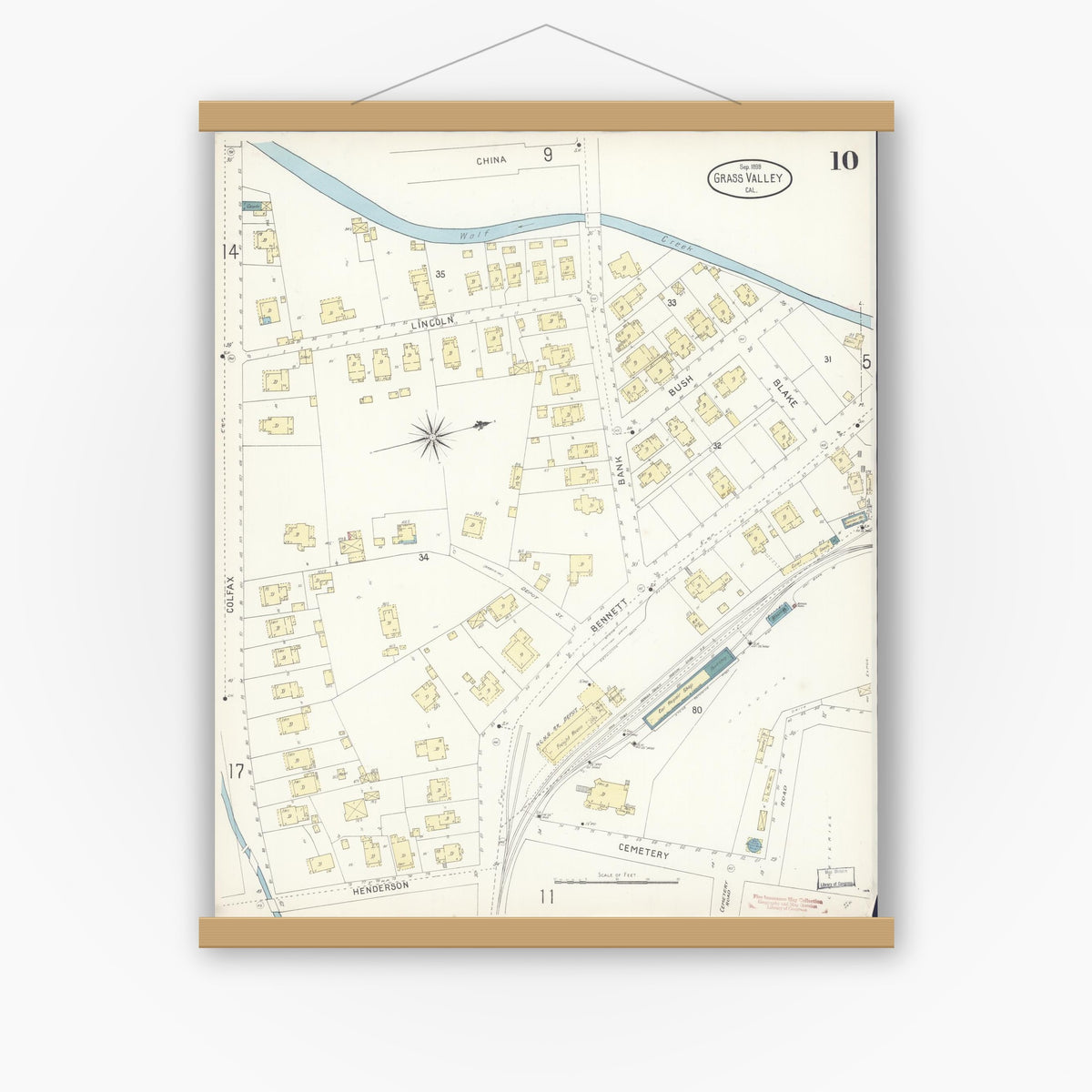 Old map wall art mockup — magnetic wood frame on white wall — Sanborn Fire Insurance Map from Grass Valley, Nevada County, California (1898), Sheet #0010